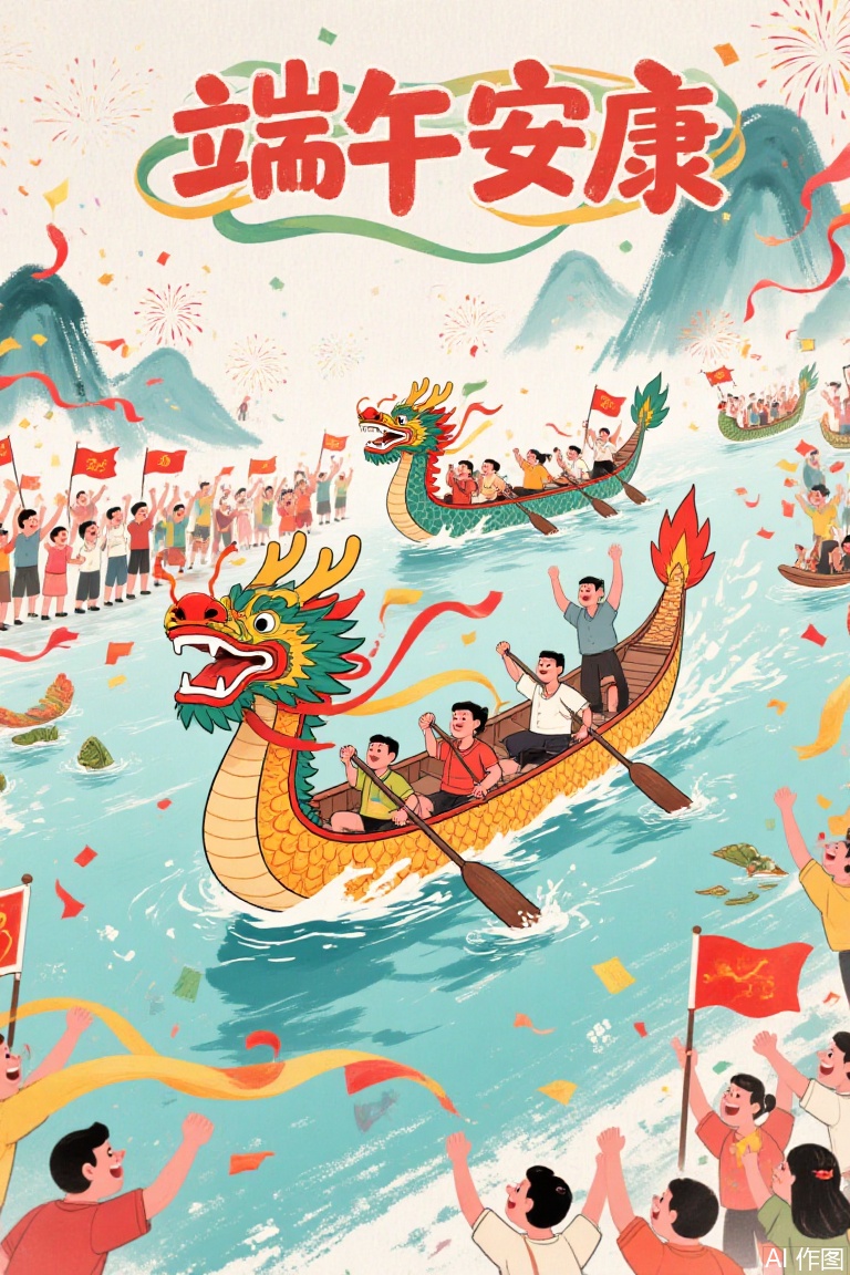 
节日海报排序,卡通字体“端午安康”,ink and wash painting, cartoon style, shows the lively scene of Dragon Boat Festival. The picture is colorful, dynamic and full of vitality. The text and light and shadow effects are used to enhance the visual impact, and ribbons are wrapped around the text. There are dragon boat racing in the picture, and there are many people waving flags, cheering and shouting, as well as decorations such as fireworks and ribbons.