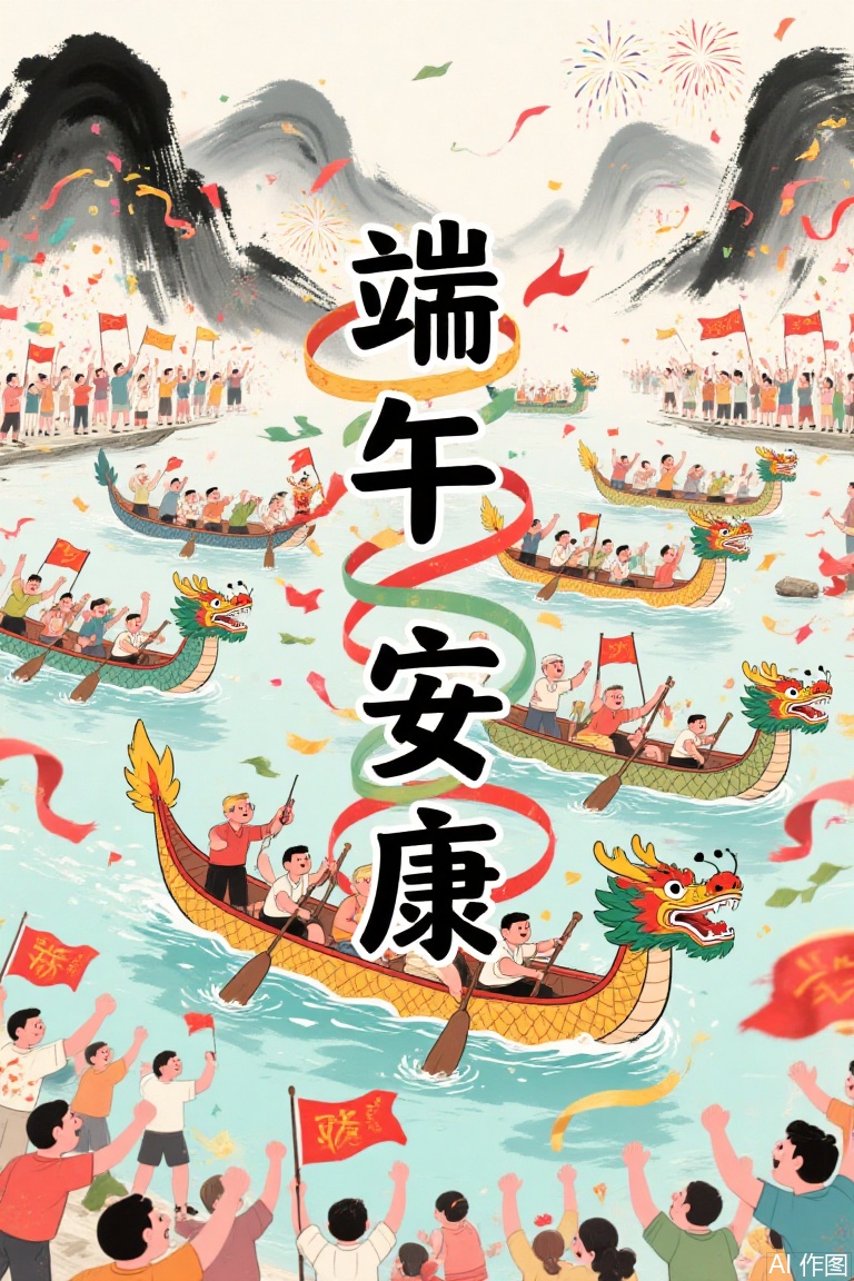 
节日海报排序,卡通字体“端午安康”,ink and wash painting, cartoon style, shows the lively scene of Dragon Boat Festival. The picture is colorful, dynamic and full of vitality. The text and light and shadow effects are used to enhance the visual impact, and ribbons are wrapped around the text. There are dragon boat racing in the picture, and there are many people waving flags, cheering and shouting, as well as decorations such as fireworks and ribbons.