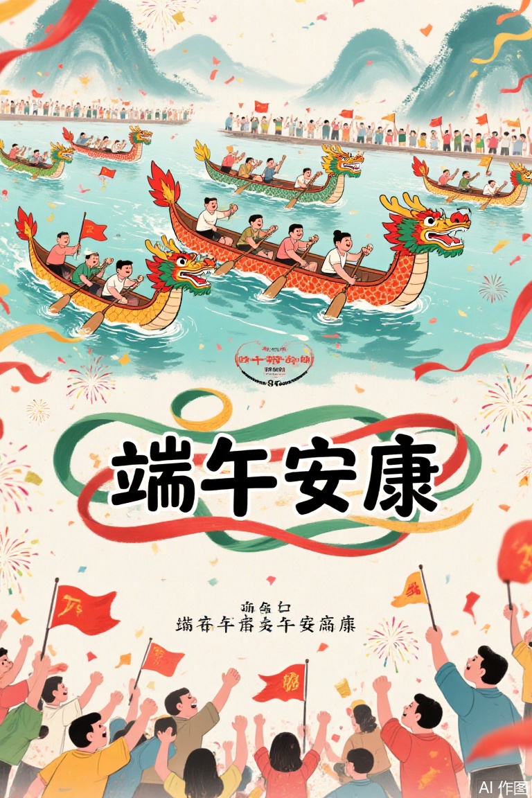 
节日海报排序,卡通字体“端午安康”,ink and wash painting, cartoon style, shows the lively scene of Dragon Boat Festival. The picture is colorful, dynamic and full of vitality. The text and light and shadow effects are used to enhance the visual impact, and ribbons are wrapped around the text. There are dragon boat racing in the picture, and there are many people waving flags, cheering and shouting, as well as decorations such as fireworks and ribbons.