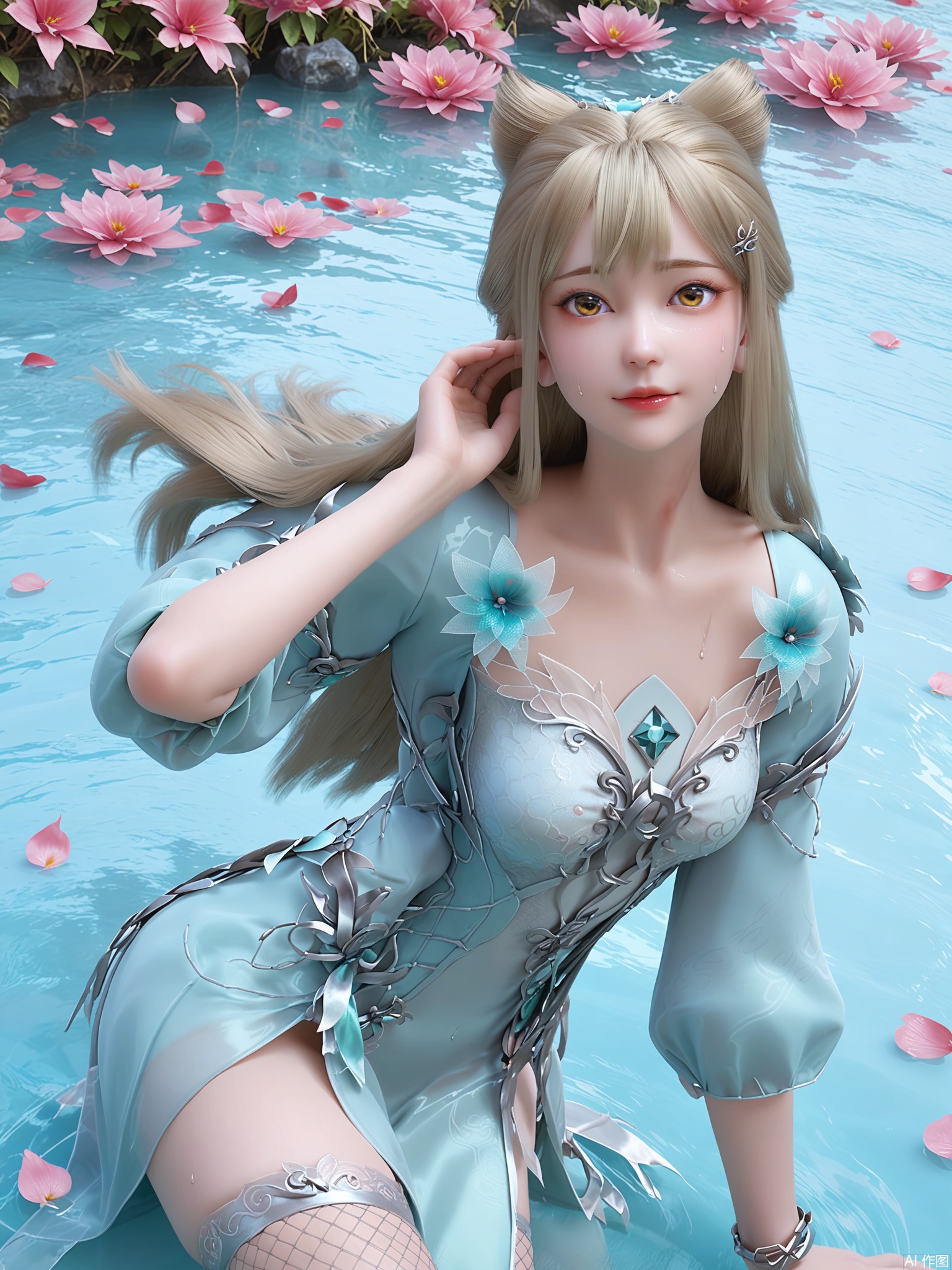 score_9,score_8_up,score_7_up,1girl,looking_at_viewer,realistic,1girl,Vivid Colors,bright environment,delicate water,hair_ornament,shiny skin,shiny hair,reflection,dress,jewelry,flower sea,falling petals,extreme detail description,(upper body:0.5),put one hand on your side,long_hair,(skindentation:1.3),Fishnet stockings,bright,sunshine on face,chinese_clothes,light,sweating,(wariza:1.5),yellow_eyes,white_hair