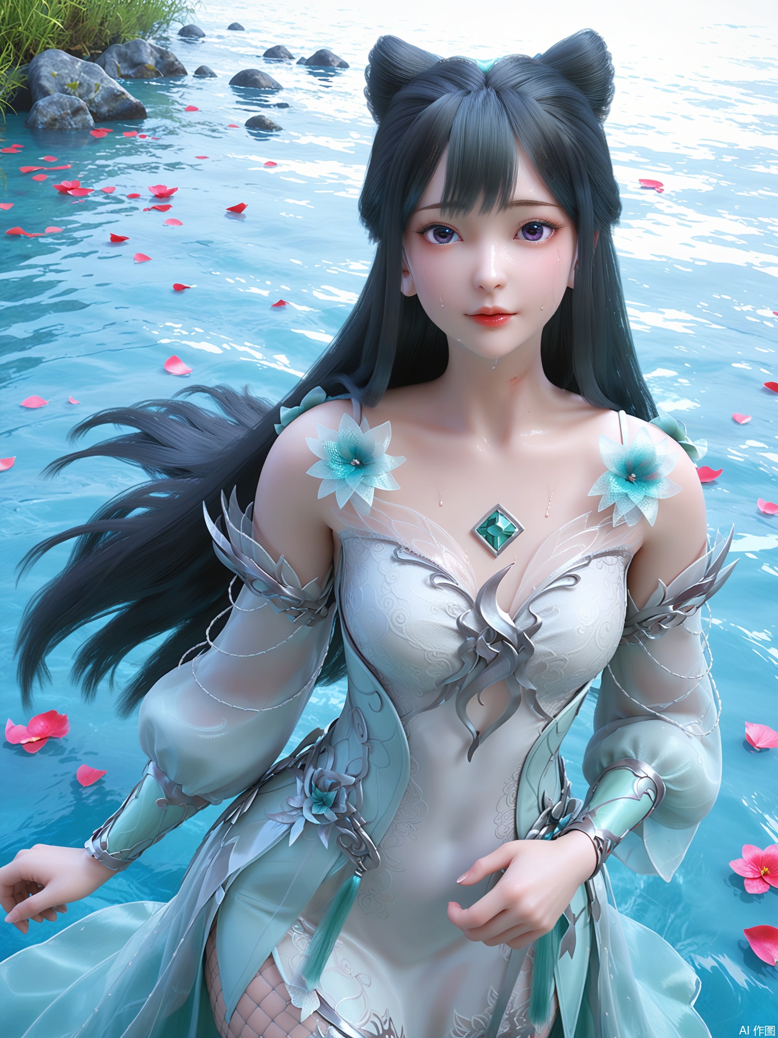 score_9,score_8_up,score_7_up,1girl,looking_at_viewer,realistic,1girl,Vivid Colors,bright environment,delicate water,hair_ornament,shiny skin,shiny hair,reflection,dress,jewelry,flower sea,falling petals,extreme detail description,(upper body:0.5),put one hand on your side,long_hair,(skindentation:1.3),Fishnet stockings,bright,sunshine on face,chinese_clothes,light,sweating,(wariza:1.5),white dress,purple eyes,black-hair,pale_skin