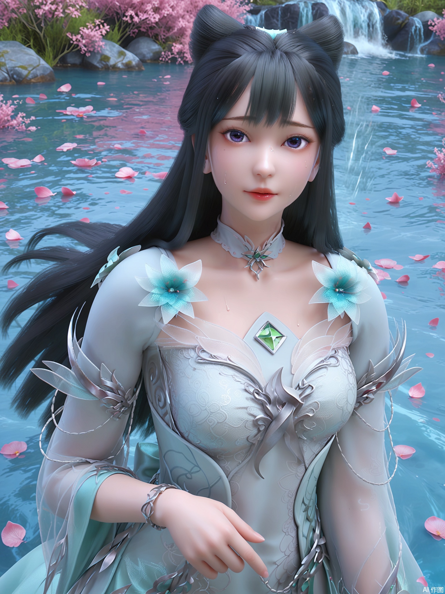 score_9,score_8_up,score_7_up,1girl,looking_at_viewer,realistic,1girl,Vivid Colors,bright environment,delicate water,hair_ornament,shiny skin,shiny hair,reflection,dress,jewelry,flower sea,falling petals,extreme detail description,(upper body:0.5),put one hand on your side,long_hair,(skindentation:1.3),Fishnet stockings,bright,sunshine on face,chinese_clothes,light,sweating,(wariza:1.5),white dress,purple eyes,black-hair