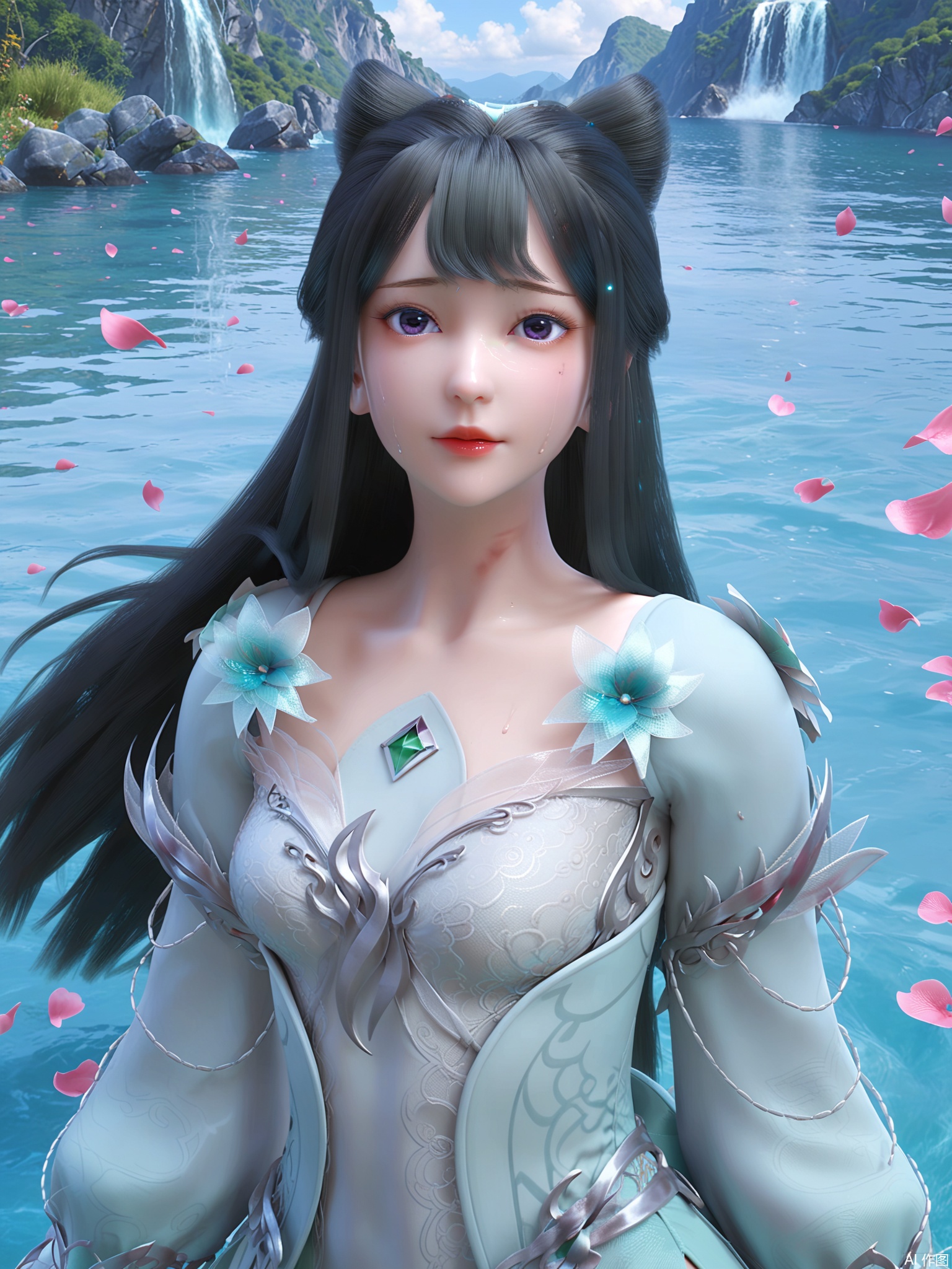 score_9,score_8_up,score_7_up,1girl,looking_at_viewer,realistic,1girl,Vivid Colors,bright environment,delicate water,hair_ornament,shiny skin,shiny hair,reflection,dress,jewelry,flower sea,falling petals,extreme detail description,(upper body:0.5),put one hand on your side,long_hair,(skindentation:1.3),Fishnet stockings,bright,sunshine on face,chinese_clothes,light,sweating,(wariza:1.5),white dress,purple eyes,black-hair,pale_skin