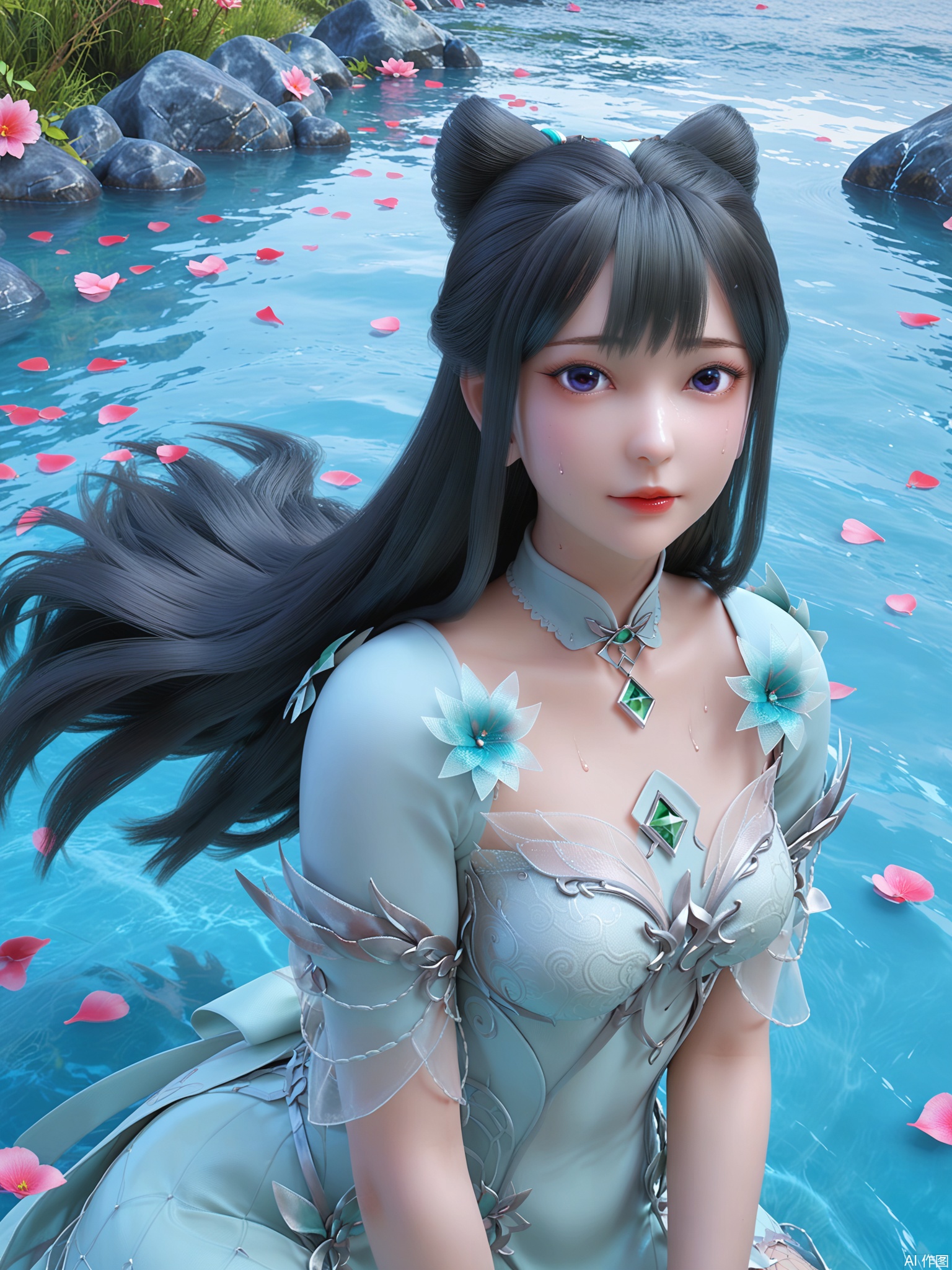 score_9,score_8_up,score_7_up,1girl,looking_at_viewer,realistic,1girl,Vivid Colors,bright environment,delicate water,hair_ornament,shiny skin,shiny hair,reflection,dress,jewelry,flower sea,falling petals,extreme detail description,(upper body:0.5),put one hand on your side,long_hair,(skindentation:1.3),Fishnet stockings,bright,sunshine on face,chinese_clothes,light,sweating,(wariza:1.5),white dress,purple eyes