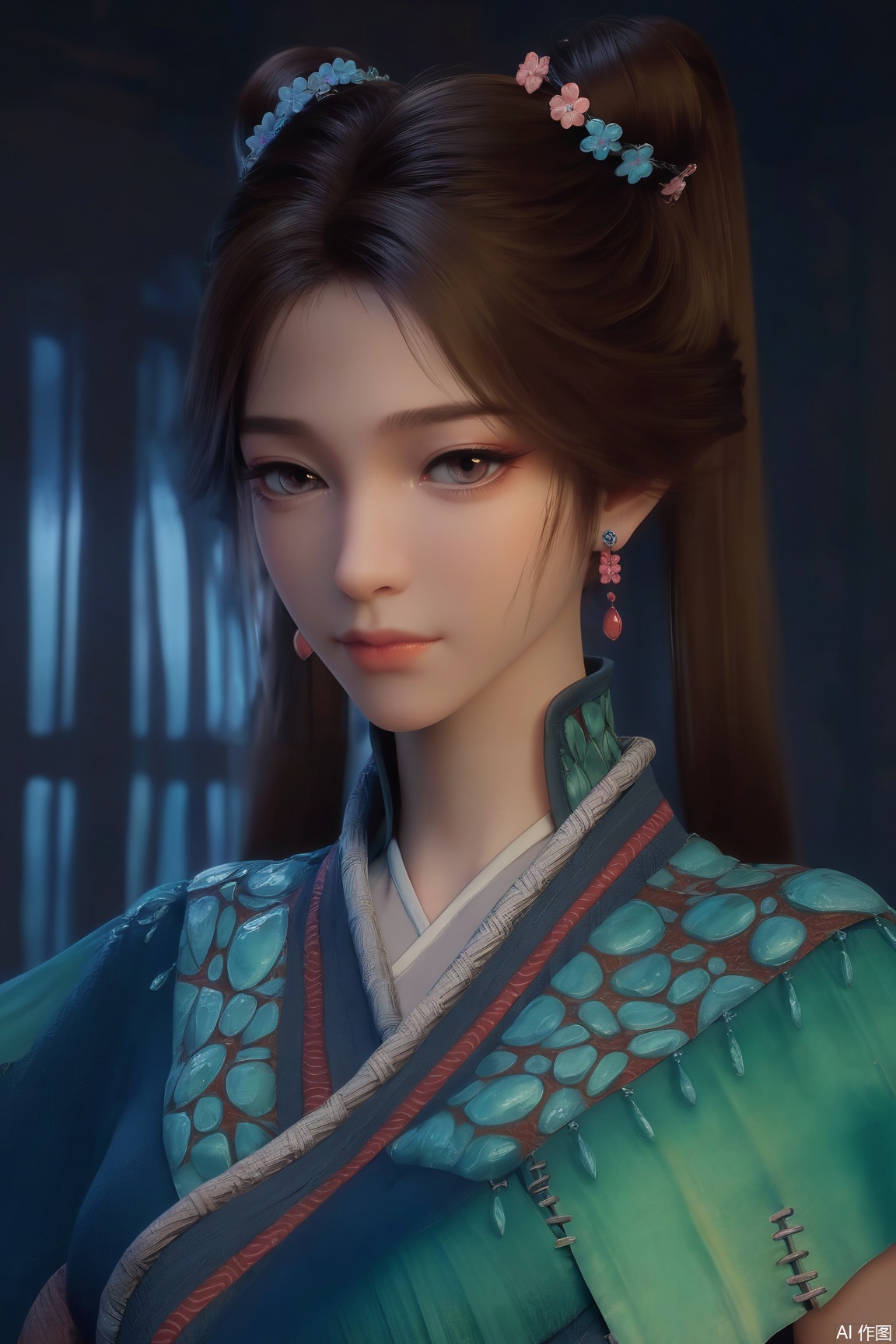 score_9, score_8_up, score_7_up,
1girl, solo, breasts, looking at viewer, brown hair, brown eyes, jewelry, closed mouth, upper body, earrings, lips, chinese clothes,
