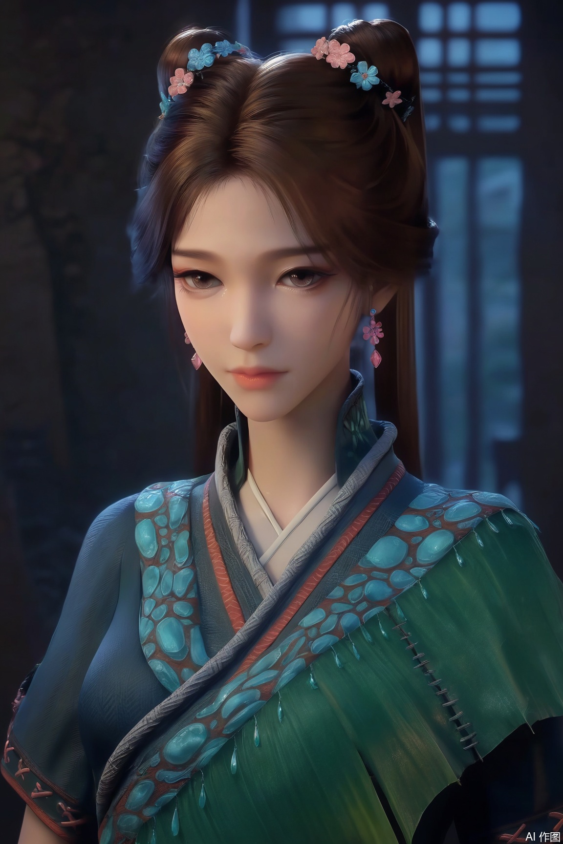 score_9, score_8_up, score_7_up,
1girl, solo, breasts, looking at viewer, brown hair, brown eyes, jewelry, closed mouth, upper body, earrings, lips, chinese clothes,