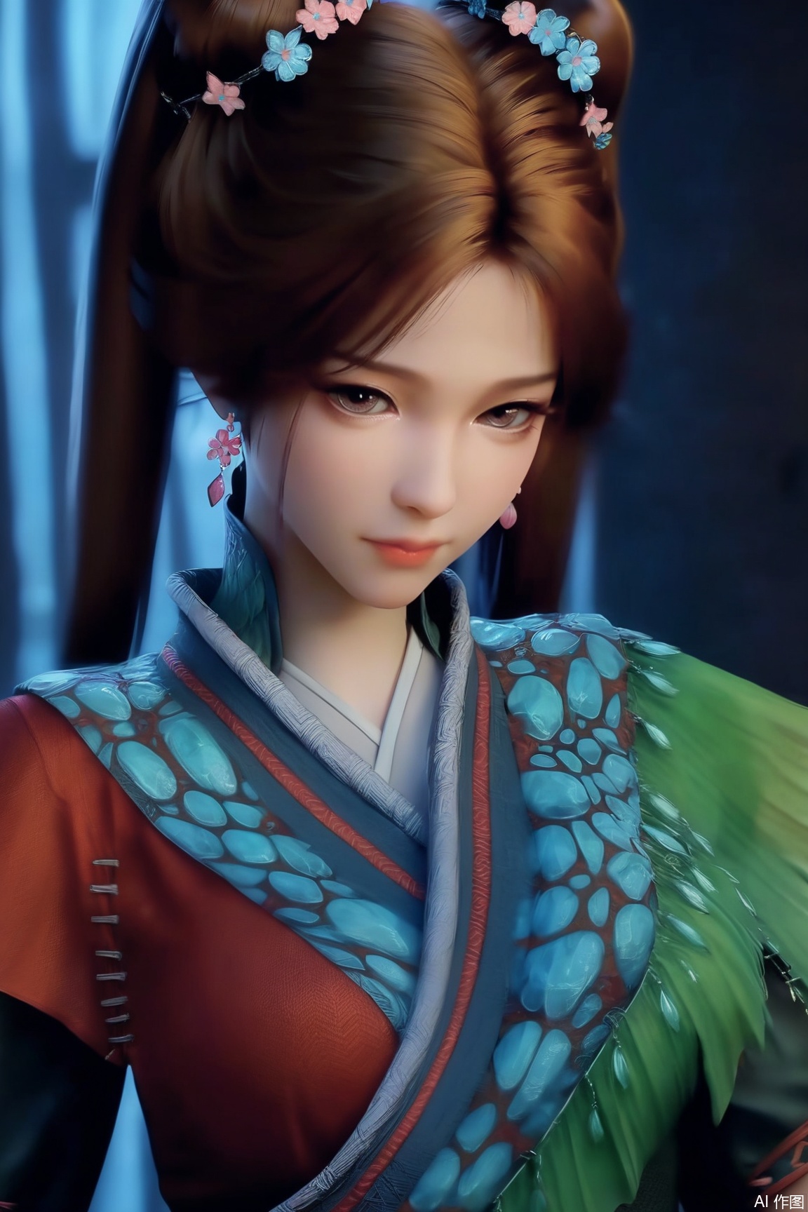 score_9, score_8_up, score_7_up,
1girl, solo, breasts, looking at viewer, brown hair, twintails,hair ornament,hair flower,  brown eyes, jewelry, closed mouth, upper body, earrings, lips, chinese clothes,