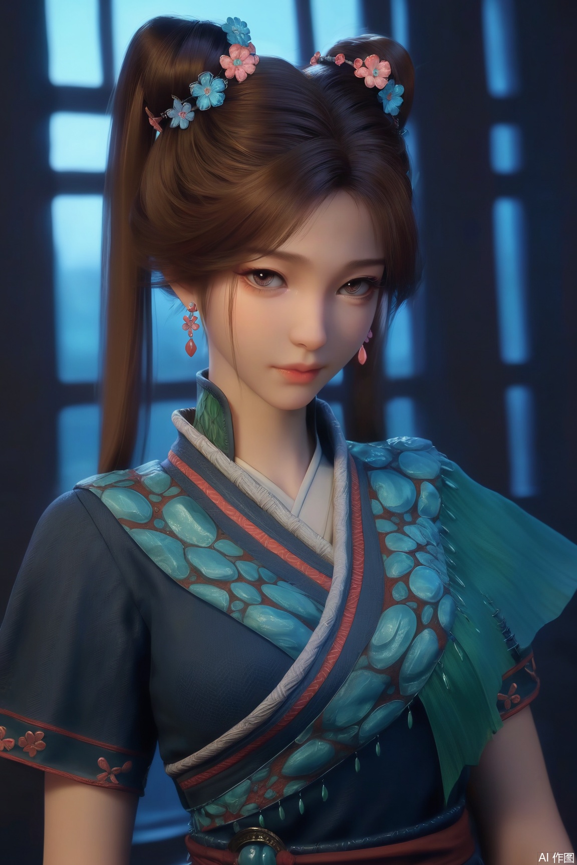 score_9, score_8_up, score_7_up,
1girl, solo, breasts, looking at viewer, brown hair, twintails,hair ornament,hair flower,  brown eyes, jewelry, closed mouth, upper body, earrings, lips, chinese clothes,