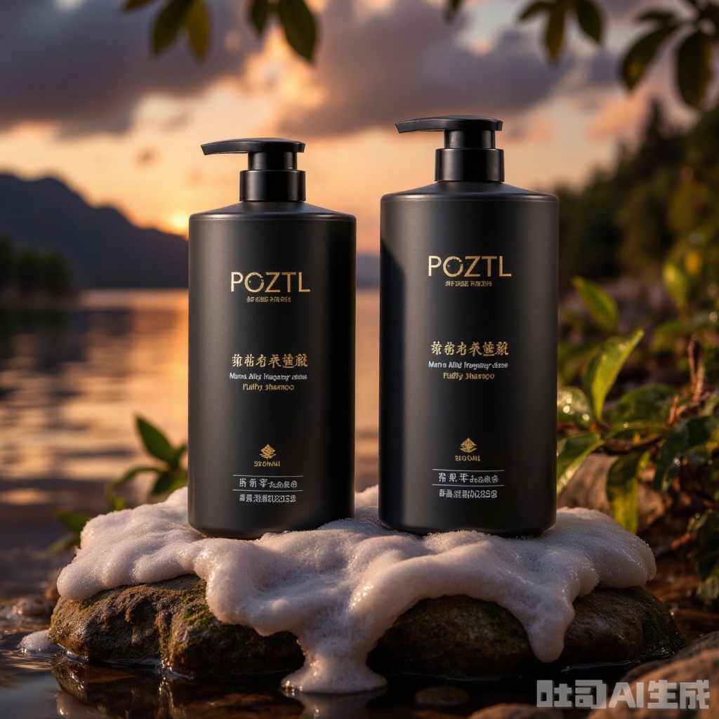This image shows two men's shampoo products placed in a scene filled with natural elements. The background is a peaceful water and the silhouette of the mountains in the distance, and the sky presents warm tones at sunrise or sunset, changing from dark blue to orange to yellow, creating a peaceful and beautiful atmosphere.

There are two black matte shampoo bottles in the foreground, marked with the brand name "POZTL" and the words "mountain bends and seas of clouds". The bottle on the left has a capacity of 300ml, and the bottle on the right has a capacity of 800ml. Both are marked with "colong fragrance" and "Men's Amino Acid Fluffy Shampoo". The bottle is simple and modern, and is equipped with a pump head for easy use.

In front of the bottle, there is a rock covered with rich white foam, suggesting the rich foamy effect of the shampoo. The water surface around the rock reflects the color of the sky, adding to the layering and visual appeal of the picture. Overall, this picture conveys a fresh, natural and high-quality lifestyle concept through product placement and background selection.