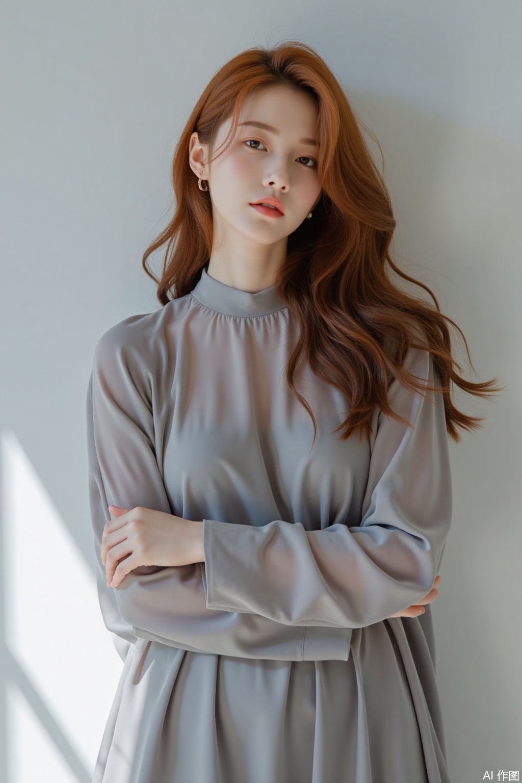 The photograph features a young East Asian woman with a delicate, fair complexion and long, wavy, reddish-brown hair that falls over her shoulders. She is standing against a plain, light grey background, which highlights her silhouette. The lighting is soft and diffused, casting gentle shadows and creating a serene, ethereal atmosphere. She is wearing a loose-fitting, long-sleeved, high-neck dress in a soft grey fabric, which adds to the overall serene and calm vibe of the image. The dress's texture is smooth and slightly translucent, allowing light to filter through, adding a touch of elegance and sophistication to her appearance. Her pose is relaxed and contemplative, with her arms crossed and resting on her waist, and her head slightly tilted to the side, giving her a thoughtful and introspective expression. The overall mood of the photograph is peaceful and introspective, with a subtle, dreamy quality that enhances the subject's quiet contemplation. The photograph is a high-resolution digital image with a realistic, almost hyper-realistic quality, capturing the subject's natural beauty and the serene setting with meticulous detail.