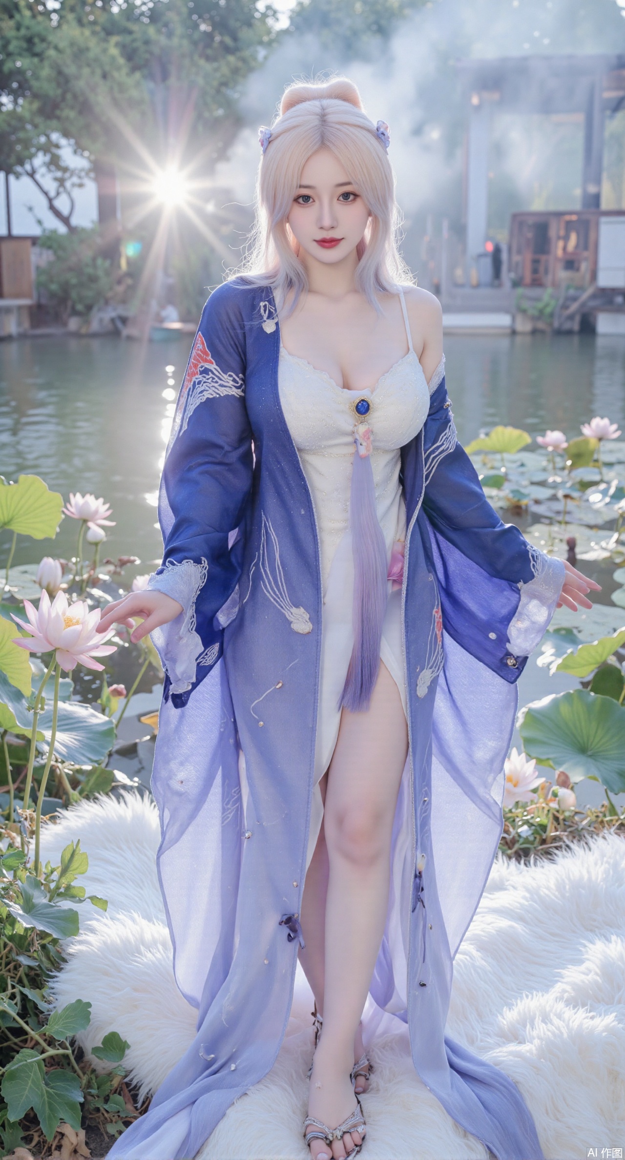 (masterpiece, best quality:1.2),A celestial maiden in Hanfu stands on a cloud, ethereal silk robes fluttering in the wind, swirling sea of clouds beneath her feet, (background reveals the emerald lotus pond of Penglai Wonderland with blooming pink-white lotuses:1.29), golden koi fish swimming in translucent water, soft morning light piercing through mist, ultra HD rendering showcases intricate embroidery on Hanfu, 8K detail captures dewdrops on lotus petals, dynamic lighting effects emphasize swirling mist movement, panoramic composition creates ethereal celestial atmosphere,(huge breasts:2.99),(full breasts:2.99),(Background with traditional Chinese architecture,Pond, water lilies:1.39),,XzhihuaX,Xleidianjiangjun,Xyuenanaodai,XmeiningSMW,XhaiyuejiCosplay,Xyoulingniang,XbachongshenziCOS,XjiaodaiqunDHL,Xshuilian,Xhujiaoer,XshanhugongxinhaiCOS