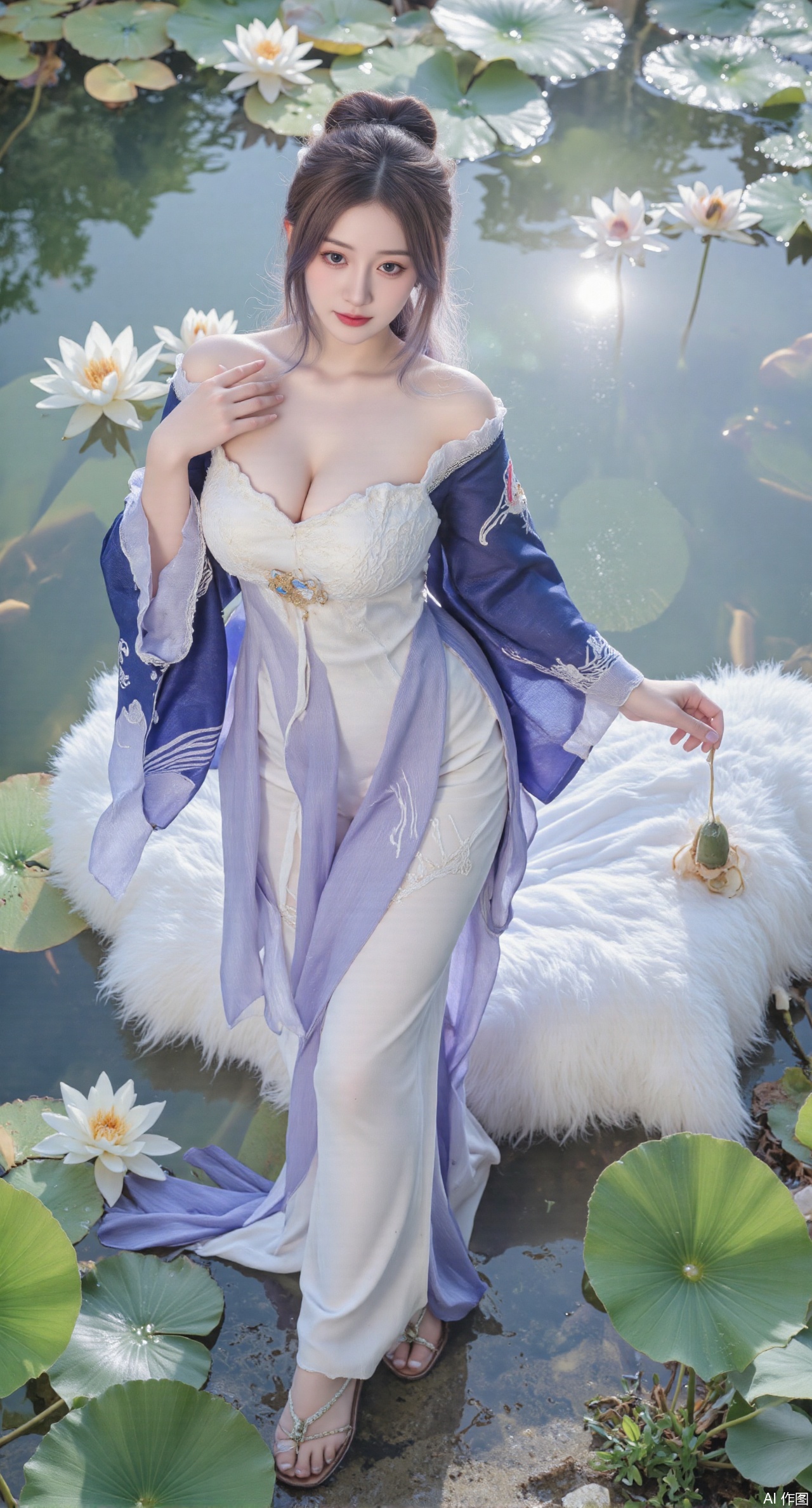 (masterpiece, best quality:1.2),A celestial maiden in Hanfu stands on a cloud, ethereal silk robes fluttering in the wind, swirling sea of clouds beneath her feet, (background reveals the emerald lotus pond of Penglai Wonderland with blooming pink-white lotuses:1.29), golden koi fish swimming in translucent water, soft morning light piercing through mist, ultra HD rendering showcases intricate embroidery on Hanfu, 8K detail captures dewdrops on lotus petals, dynamic lighting effects emphasize swirling mist movement, panoramic composition creates ethereal celestial atmosphere,(huge breasts:2.99),(full breasts:2.99),(Background with traditional Chinese architecture,Pond, water lilies:1.39),,XzhihuaX,Xleidianjiangjun,Xyuenanaodai,XmeiningSMW,XhaiyuejiCosplay,Xyoulingniang,XbachongshenziCOS,XjiaodaiqunDHL,Xshuilian,Xhujiaoer,XshanhugongxinhaiCOS