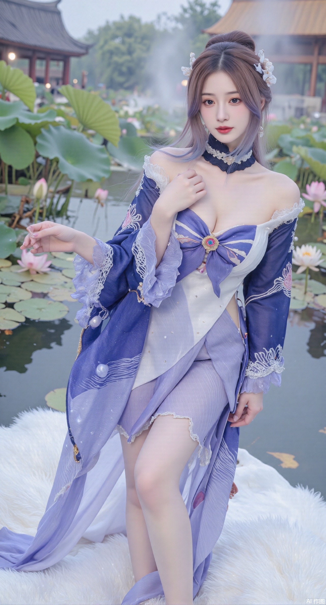 (masterpiece, best quality:1.2),A celestial maiden in Hanfu stands on a cloud, ethereal silk robes fluttering in the wind, swirling sea of clouds beneath her feet, (background reveals the emerald lotus pond of Penglai Wonderland with blooming pink-white lotuses:1.29), golden koi fish swimming in translucent water, soft morning light piercing through mist, ultra HD rendering showcases intricate embroidery on Hanfu, 8K detail captures dewdrops on lotus petals, dynamic lighting effects emphasize swirling mist movement, panoramic composition creates ethereal celestial atmosphere,(huge breasts:2.99),(full breasts:2.99),(Background with traditional Chinese architecture,Pond, water lilies:1.39),,XzhihuaX,Xleidianjiangjun,Xyuenanaodai,XmeiningSMW,XhaiyuejiCosplay,Xyoulingniang,XbachongshenziCOS,XjiaodaiqunDHL,Xshuilian,Xhujiaoer,XshanhugongxinhaiCOS