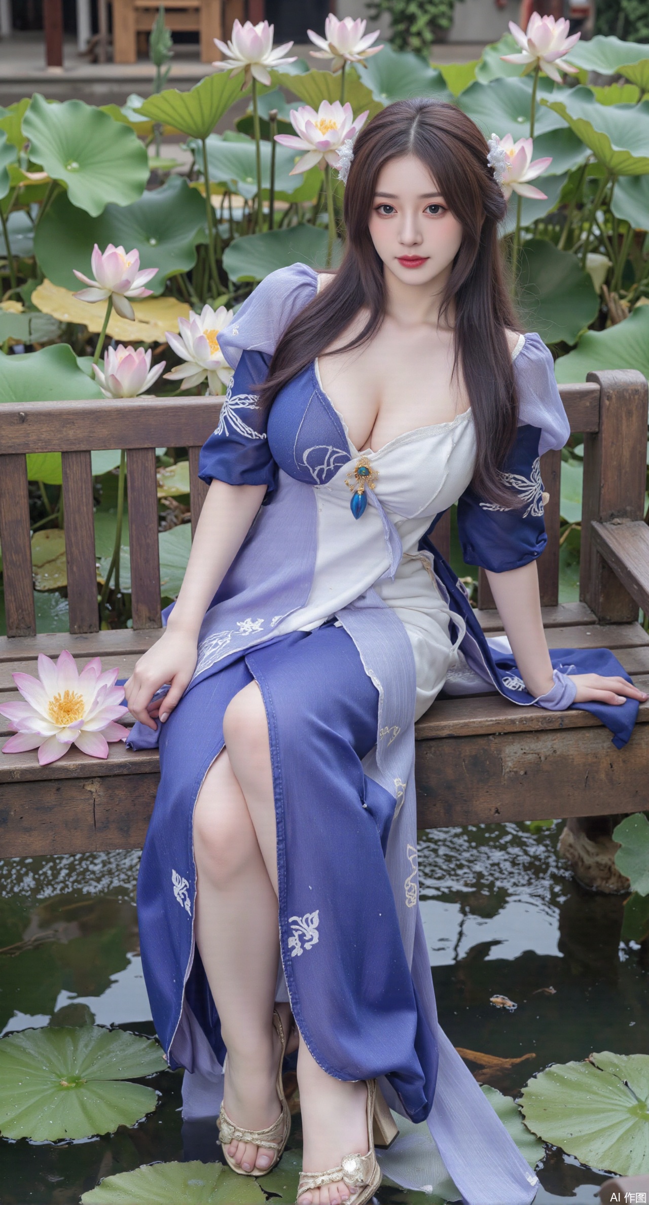  (masterpiece:1.2),best quality,The image is a digital illustration of a young woman sitting on a wooden bench in a pond with lily pads. She is wearing a long dress with design on the chest and sleeves. The dress has a high neckline and short sleeves,Holding a lotus in hand. She has long dark hair styled in loose waves and is wearing gold high heels. The woman is posing with one hand on her hip and the other resting on the edge of the bench. The background is filled with pink and white lotus flowers and green leaves. The overall mood of the image is peaceful and serene,(huge breasts:2.99),(full breasts:2.99),(Background with traditional Chinese architecture,Pond, water lilies:1.39),,XzhihuaX,Xleidianjiangjun,Xyuenanaodai,XmeiningSMW,XhaiyuejiCosplay,Xyoulingniang,XbachongshenziCOS,XjiaodaiqunDHL,Xshuilian,Xhujiaoer,XshanhugongxinhaiCOS