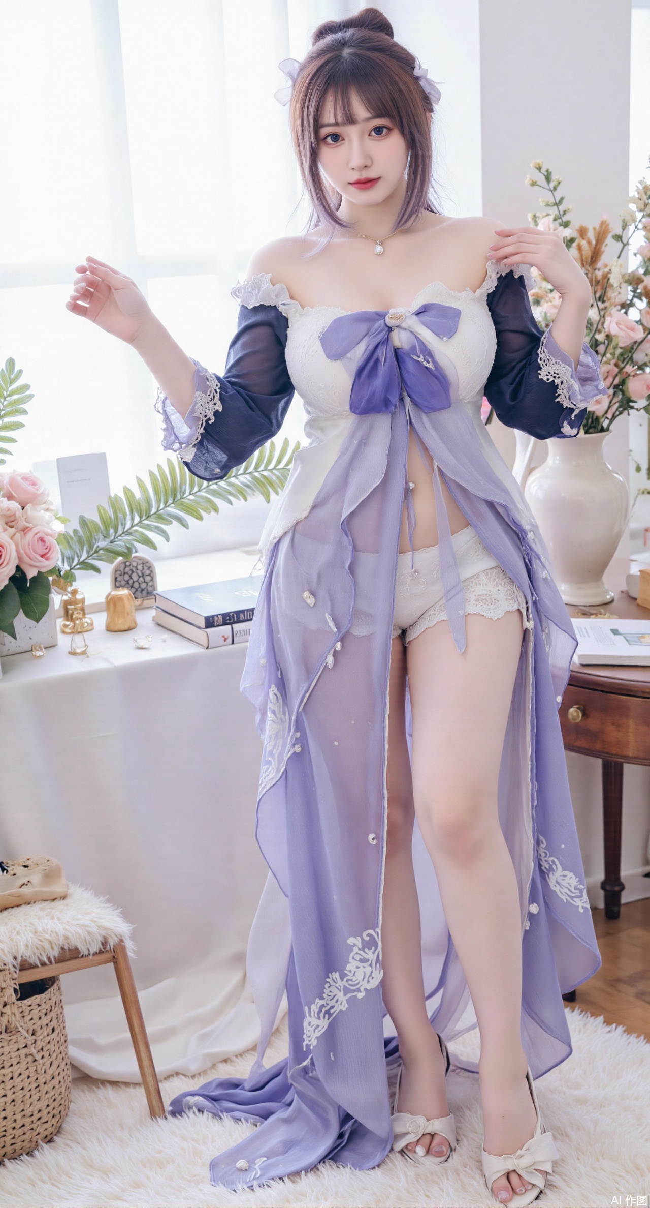 (masterpiece:1.2),best quality,Ultra clear, wallpaper, 8k, masterpiece, 1girl, solo, long hair, breasts, looking at viewer, bangs, large breasts,long dress,, bare shoulders, jewelry, black hair, standing, purple eyes, full body, flower, thighs, indoors, hair bun, long dress, high heels, see-through, book, bare legs, window, table, white footwear, standing on one leg, curtains, pink flower, side slit, vase,(huge breasts:2.99),(full breasts:2.99),(pink rose flowers:1.59),XzhihuaX,Xleidianjiangjun,Xyuenanaodai,XmeiningSMW,XhaiyuejiCosplay,Xyoulingniang,XbachongshenziCOS,XjiaodaiqunDHL,Xshuilian,Xhujiaoer,XshanhugongxinhaiCOS