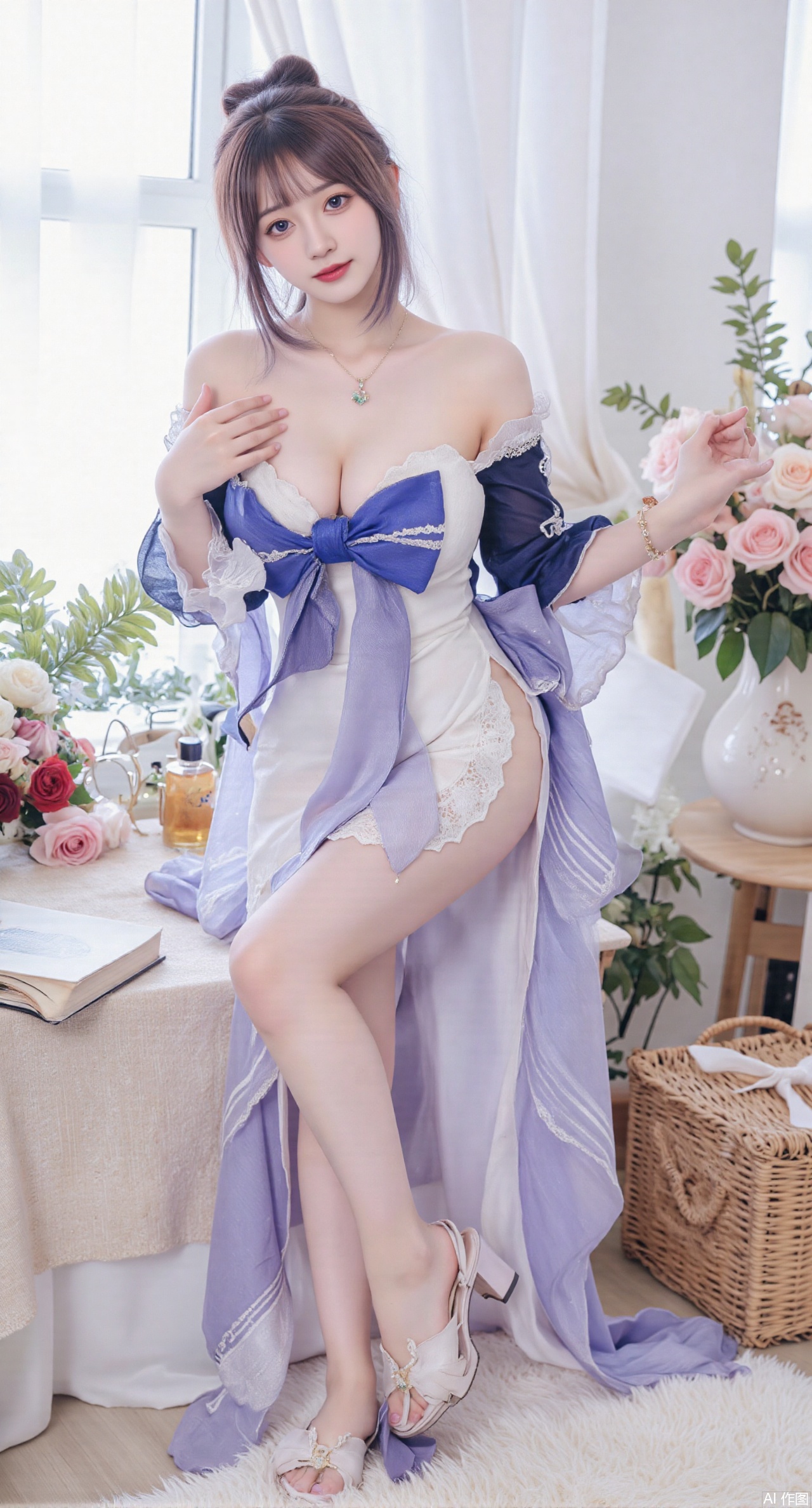 (masterpiece:1.2),best quality,Ultra clear, wallpaper, 8k, masterpiece, 1girl, solo, long hair, breasts, looking at viewer, bangs, large breasts,long dress,, bare shoulders, jewelry, black hair, standing, purple eyes, full body, flower, thighs, indoors, hair bun, long dress, high heels, see-through, book, bare legs, window, table, white footwear, standing on one leg, curtains, pink flower, side slit, vase,(huge breasts:2.99),(full breasts:2.99),(pink rose flowers:1.59),XzhihuaX,Xleidianjiangjun,Xyuenanaodai,XmeiningSMW,XhaiyuejiCosplay,Xyoulingniang,XbachongshenziCOS,XjiaodaiqunDHL,Xshuilian,Xhujiaoer,XshanhugongxinhaiCOS