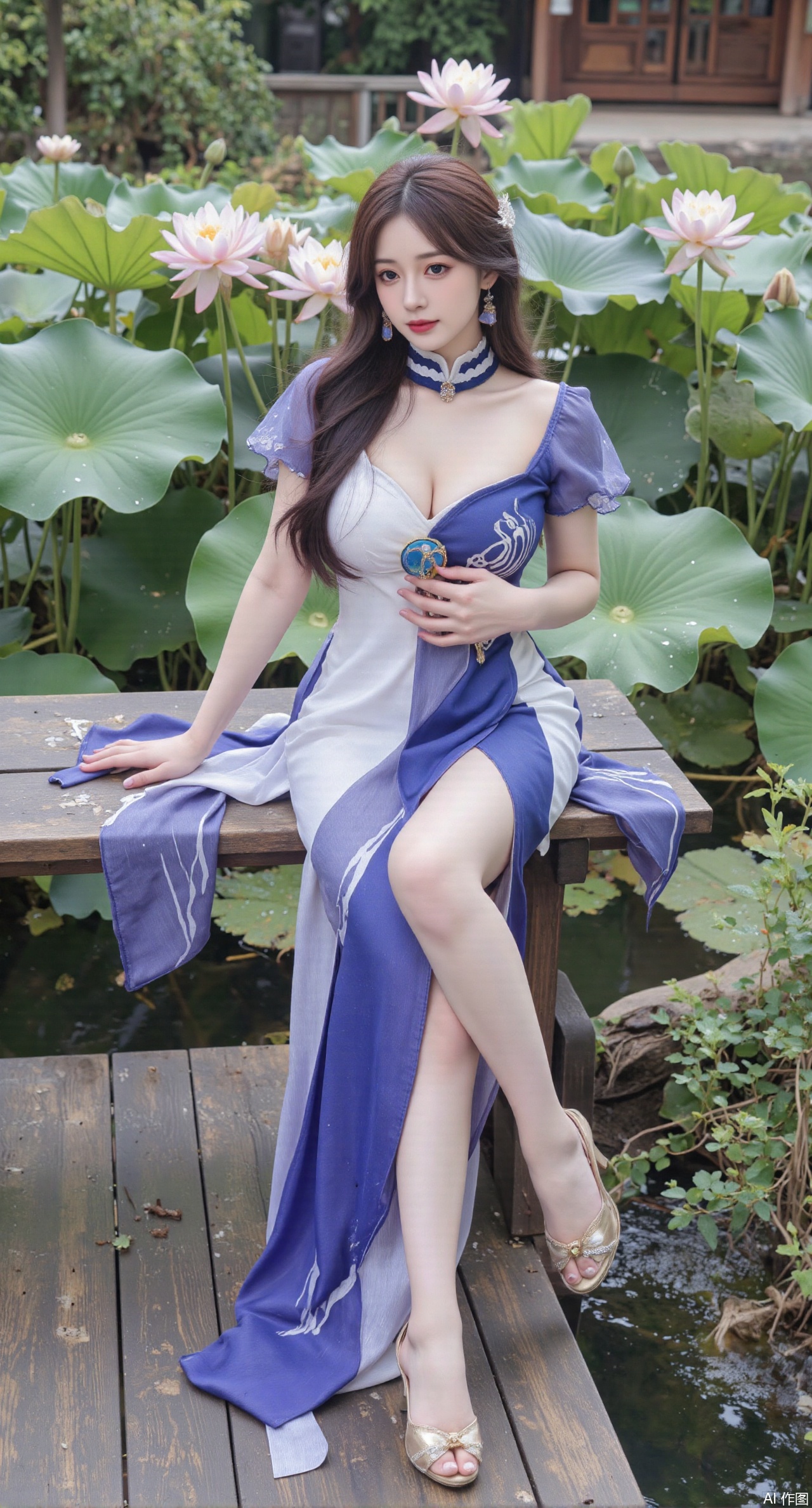  (masterpiece:1.2),best quality,The image is a digital illustration of a young woman sitting on a wooden bench in a pond with lily pads. She is wearing a long dress with design on the chest and sleeves. The dress has a high neckline and short sleeves,Holding a lotus in hand. She has long dark hair styled in loose waves and is wearing gold high heels. The woman is posing with one hand on her hip and the other resting on the edge of the bench. The background is filled with pink and white lotus flowers and green leaves. The overall mood of the image is peaceful and serene,(huge breasts:2.99),(full breasts:2.99),(Background with traditional Chinese architecture,Pond, water lilies:1.39),,XzhihuaX,Xleidianjiangjun,Xyuenanaodai,XmeiningSMW,XhaiyuejiCosplay,Xyoulingniang,XbachongshenziCOS,XjiaodaiqunDHL,Xshuilian,Xhujiaoer,XshanhugongxinhaiCOS