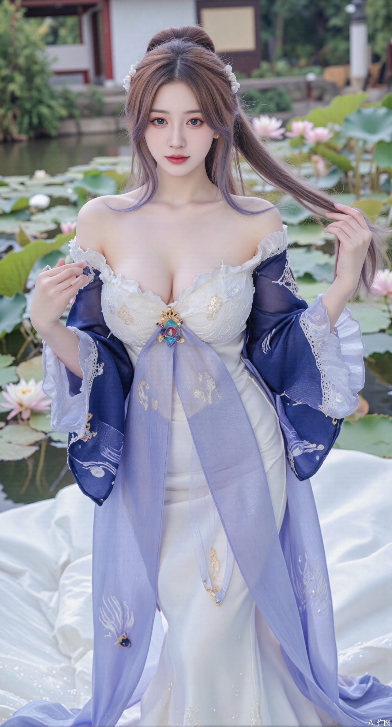 (masterpiece, best quality:1.2),A celestial maiden in Hanfu stands on a cloud, ethereal silk robes fluttering in the wind, swirling sea of clouds beneath her feet, (background reveals the emerald lotus pond of Penglai Wonderland with blooming pink-white lotuses:1.29), golden koi fish swimming in translucent water, soft morning light piercing through mist, ultra HD rendering showcases intricate embroidery on Hanfu, 8K detail captures dewdrops on lotus petals, dynamic lighting effects emphasize swirling mist movement, panoramic composition creates ethereal celestial atmosphere,(huge breasts:2.99),(full breasts:2.99),(Background with traditional Chinese architecture,Pond, water lilies:1.39),,XzhihuaX,Xleidianjiangjun,Xyuenanaodai,XmeiningSMW,XhaiyuejiCosplay,Xyoulingniang,XbachongshenziCOS,XjiaodaiqunDHL,Xshuilian,Xhujiaoer,XshanhugongxinhaiCOS