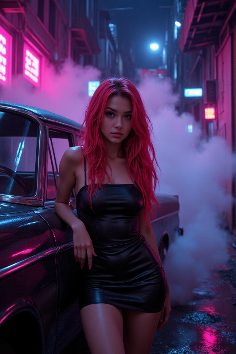 A young woman with vibrant,  flowing red hair leans against the hood of a vintage sedan in a narrow,  fog-filled urban all...