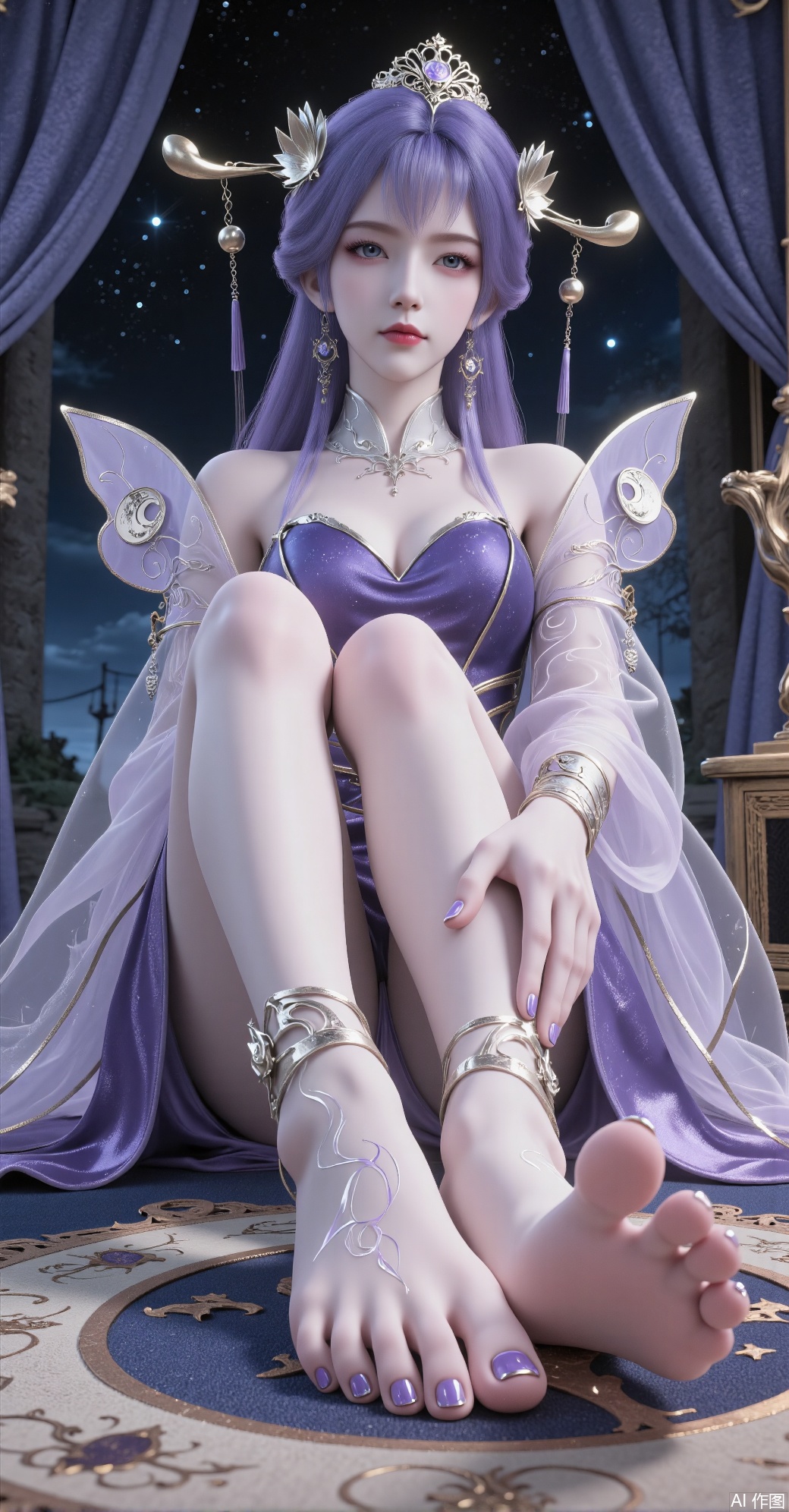 A purple-haired lady sat on the carpet wearing delicate headdresses and purple antique costumes with star patterns, ankles, moon, stars, bells, bells, bells and tassels on her ankles, and purple nail polish on her toes, part of the background is arterial sky and part of the background, a wonderful and ancient denim party with the attraction of one foot, between the soles and shoes, she raised her legs and feet, showed the soles to the camera, posing in a supermodel-like pose and posture.