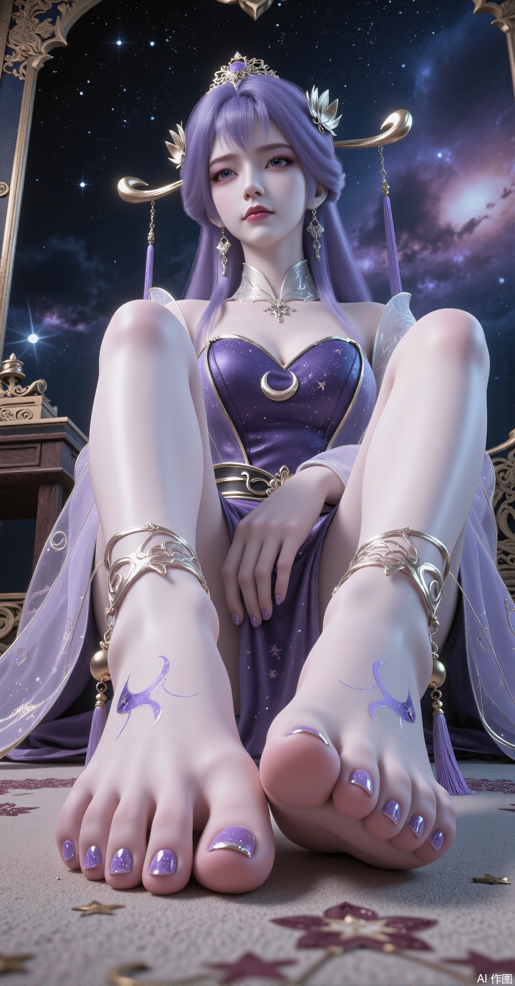A purple-haired lady sat on the carpet wearing delicate headdresses and purple antique costumes with star patterns, ankles, moon, stars, bells, bells, bells and tassels on her ankles, and purple nail polish on her toes, part of the background is arterial sky and part of the background, a wonderful and ancient denim party with the attraction of one foot, between the soles and shoes, she raised her legs and feet, showed the soles to the camera, posing in a supermodel-like pose and posture.
