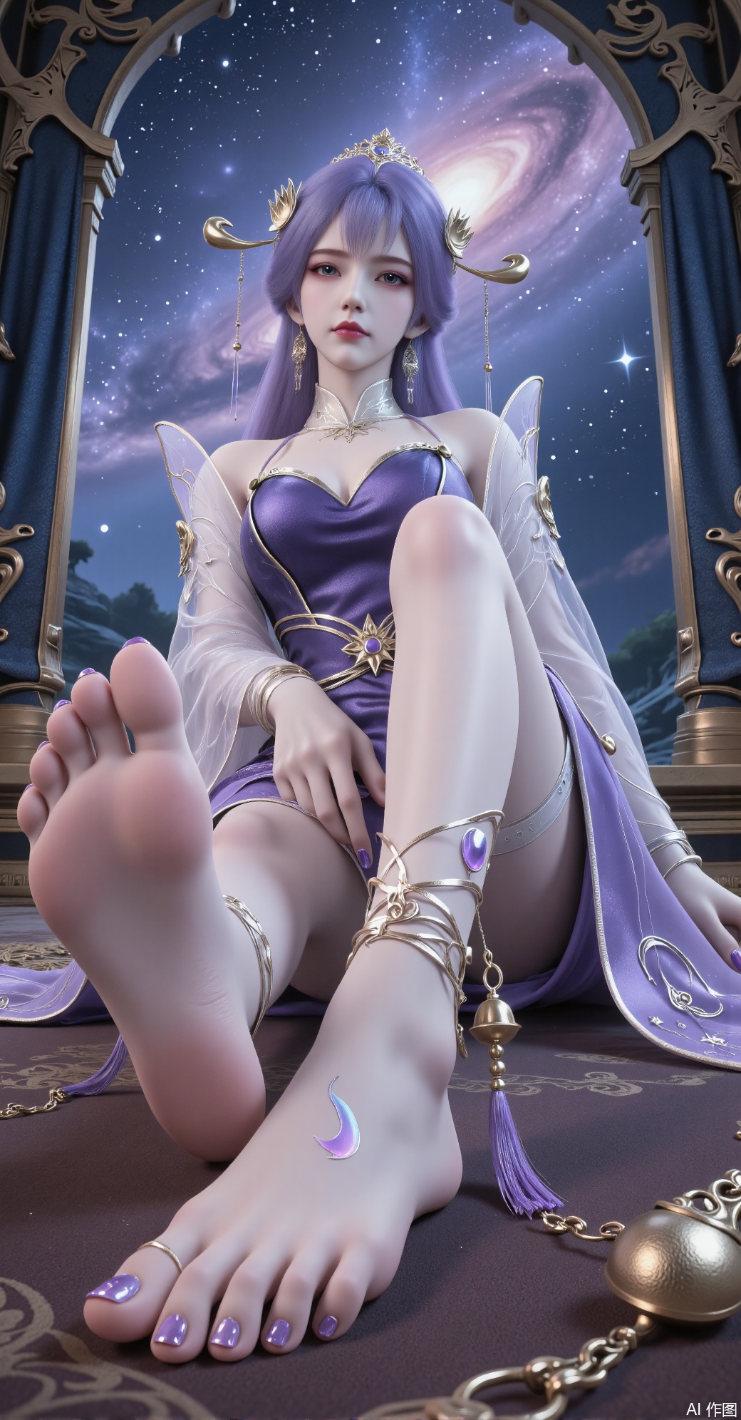 A purple-haired lady sat on the carpet wearing delicate headdresses and purple antique costumes with star patterns, ankles, moon, stars, bells, bells, bells and tassels on her ankles, and purple nail polish on her toes, part of the background is arterial sky and part of the background, a wonderful and ancient denim party with the attraction of one foot, between the soles and shoes, she raised her legs and feet, showed the soles to the camera, posing in a supermodel-like pose and posture.