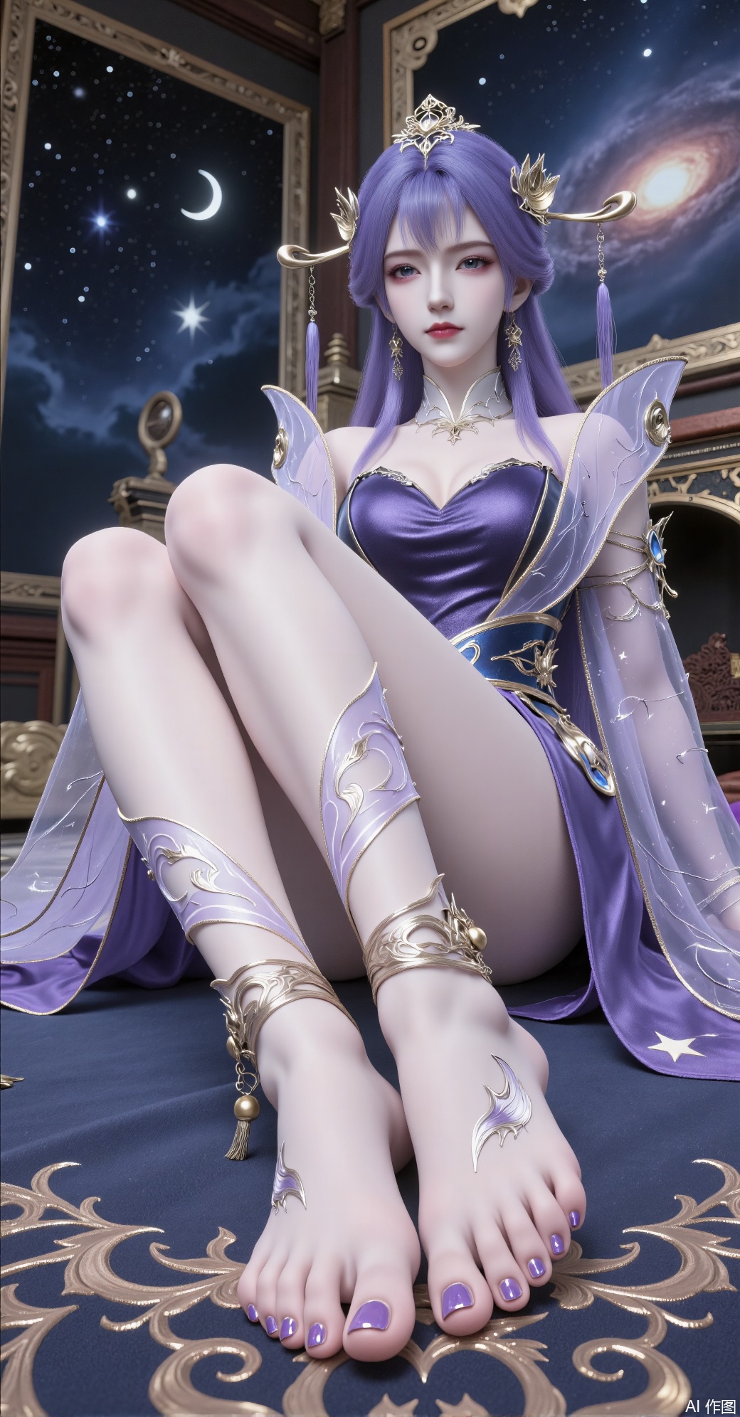 A purple-haired lady sat on the carpet wearing delicate headdresses and purple antique costumes with star patterns, ankles, moon, stars, bells, bells, bells and tassels on her ankles, and purple nail polish on her toes, part of the background is arterial sky and part of the background, a wonderful and ancient denim party with the attraction of one foot, between the soles and shoes, she raised her legs and feet, showed the soles to the camera, posing in a supermodel-like pose and posture.