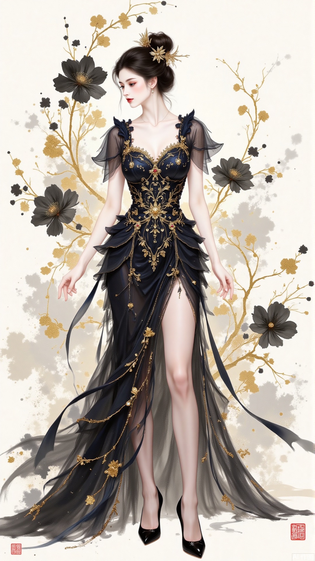 Ink Wash Painting, This illustration skillfully integrates Eastern aesthetics with fashion.The woman in an exquisitely tailored black gown made of layered  flowers stands elegantly. The high slit, black stockings and high - heels outline a sexy charm. The splashed - ink black flowers in the background are free and unrestrained. In the background, ink splashes, with black and gold ink flowing.The blend of traditional artistic conception and modern styling creates an elegant artistic atmosphere, conveying a unique Eastern charm.,shiny pantyhose,plns,xkj,dpx,jinbo,moran,xiaomei