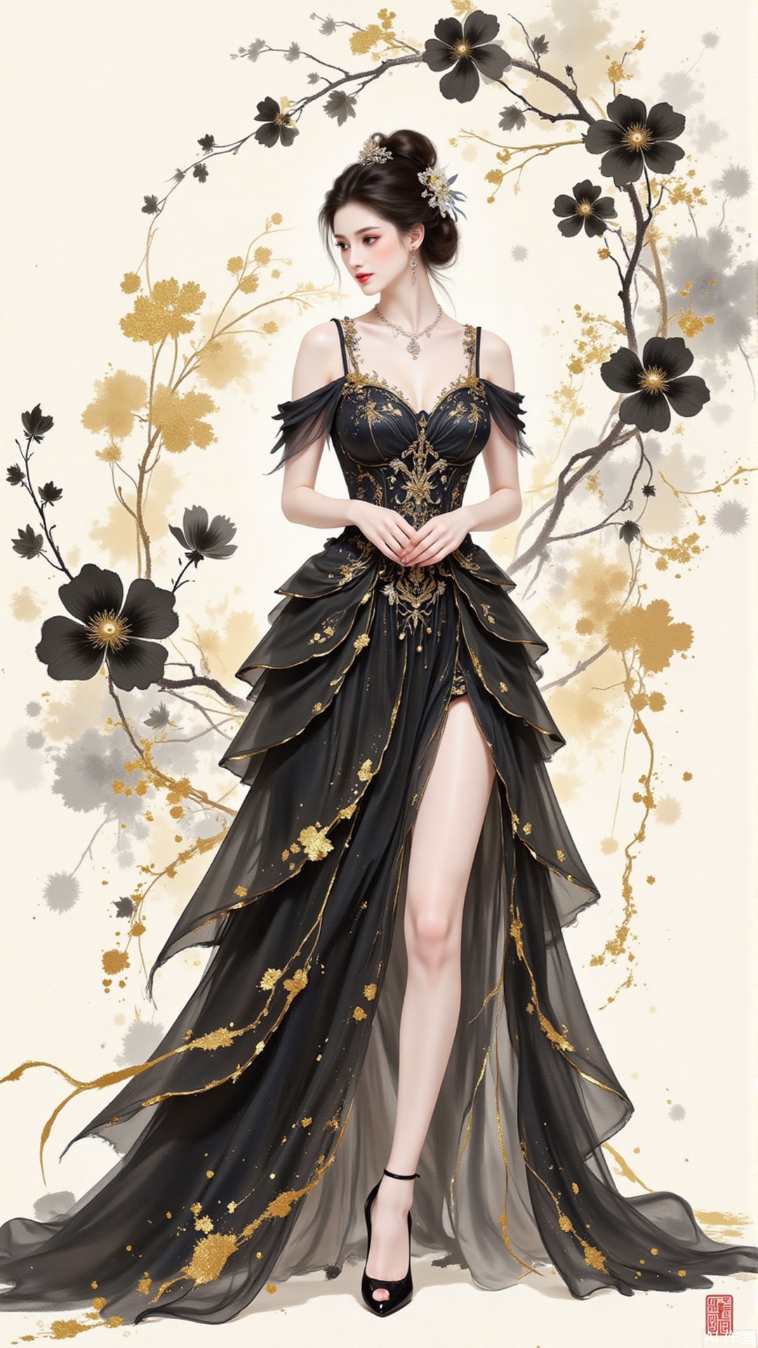 Ink Wash Painting, This illustration skillfully integrates Eastern aesthetics with fashion.The woman in an exquisitely tailored black gown made of layered  flowers stands elegantly. The high slit, black stockings and high - heels outline a sexy charm. The splashed - ink black flowers in the background are free and unrestrained. In the background, ink splashes, with black and gold ink flowing.The blend of traditional artistic conception and modern styling creates an elegant artistic atmosphere, conveying a unique Eastern charm.,shiny pantyhose,plns,xkj,dpx,jinbo,moran,xiaomei