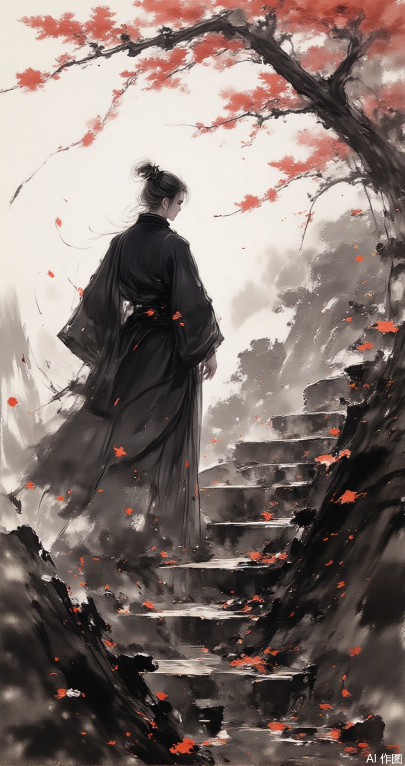 moran,lvjing,baoshi,1boy, solo, stairs, male focus, getou suguru, japanese clothes, black hair, tree, black kimono, hair pulled back, kimono, standing, hair bun, falling leaves, short hair, long sleeves, from behind, leaf, single hair bun, autumn leaves,15