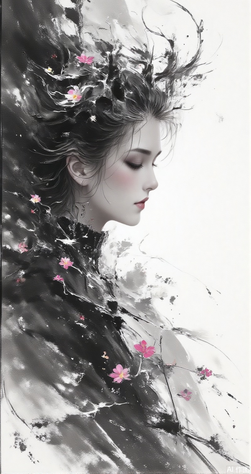 moran,lvjing,baoshi, monochrome, greyscale,sky,clouds,flowers,1girl, monochrome, greyscale, closed eyes, profile, long hair, floating hair, from side, dissolving, white background, simple background, realistic, portrait, closed mouth,8