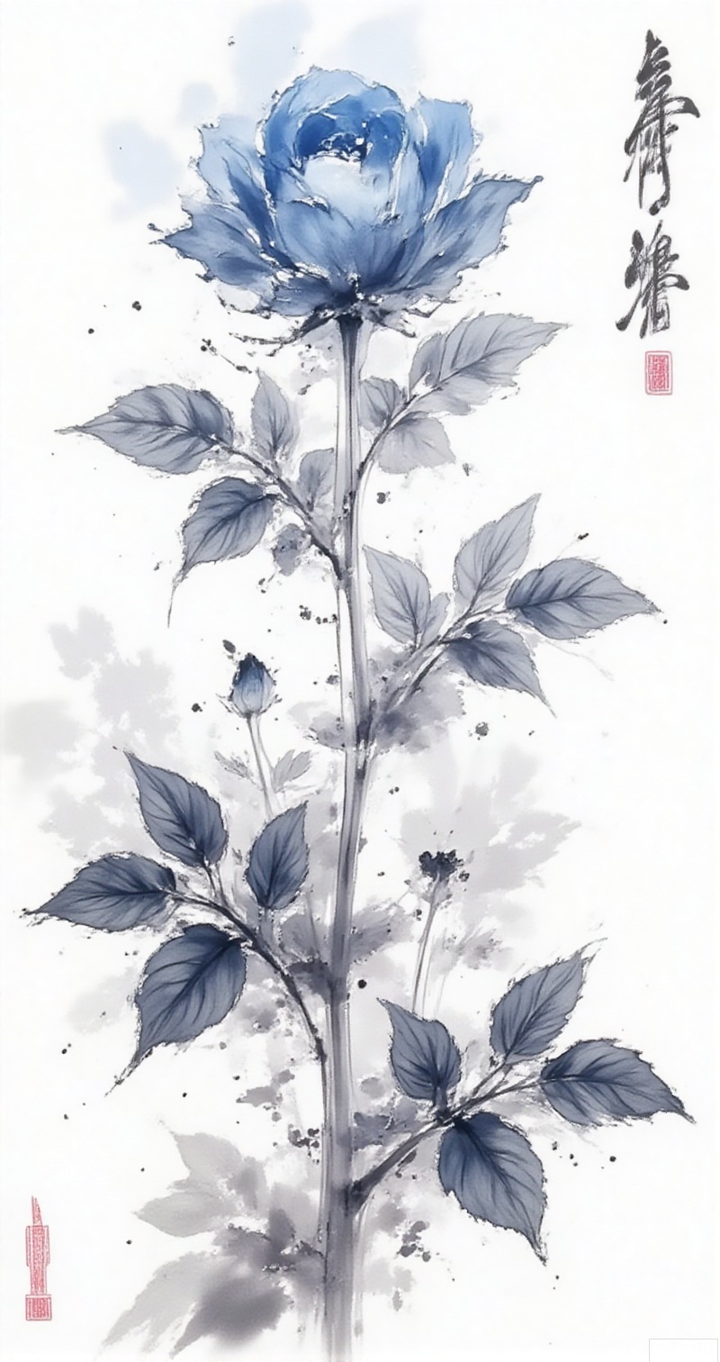 moran,lvjing,baoshi, monochrome, greyscale,sky,clouds,blue flower,no humans,blue rose,flower,rose,still life,leaf,traditional media,plant,white background,simple background,realistic,painting \(medium\),23, cover,simple background,gradient background,close-up details,outstanding style,adding a touch of dimension to your images without compromising details,close-up,