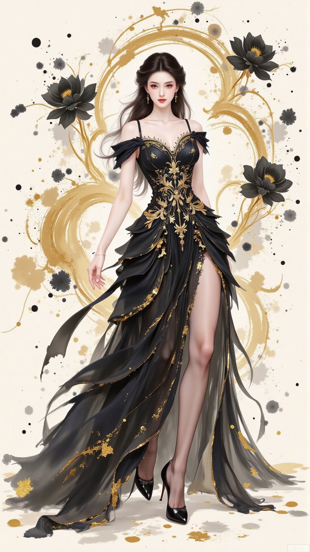 Ink Wash Painting, This illustration skillfully integrates Eastern aesthetics with fashion.The woman in an exquisitely tailored black gown made of layered  flowers stands elegantly. The high slit, black stockings and high - heels outline a sexy charm. The splashed - ink black flowers in the background are free and unrestrained. In the background, ink splashes, with black and gold ink flowing.The blend of traditional artistic conception and modern styling creates an elegant artistic atmosphere, conveying a unique Eastern charm.,shiny pantyhose,plns,xkj,dpx,jinbo,moran,xiaomei