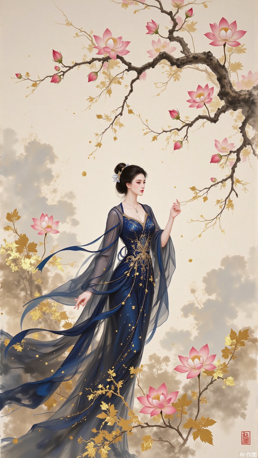 The ink color is hazy, with clouds drifting. The woman in the painting wears a evening gown that pours out like night, her sleeves hiding threads of flowing light, as if stars are falling from the sky. Her brows and eyes are painted like paintings, her lips like dots of rouge, her skin fairer than snow, blending seamlessly with the ink background, making her even more exquisitely beautiful and untainted by the world.

Surrounded by blooming flowers, some buds, others fully open, peonies are dignified, lotuses are elegant, and plum branches cast sparse shadows across, all depicted with varying degrees of ink density. The petals overlap like clouds, and the branches stretch out as if dancing. The shadows of the flowers reflect those of people, creating an interplay between reality and illusion, as if a subtle fragrance drifts around, shining brilliantly on the paper.

The entire painting combines the delicacy of meticulous brushwork with the freedom of freehand expression. Between the splashing ink, the charm of the Eastern beauty and the natural rhythm of the flowers merge into one, elegant and profound.,
jinbo,moran,xiaomei