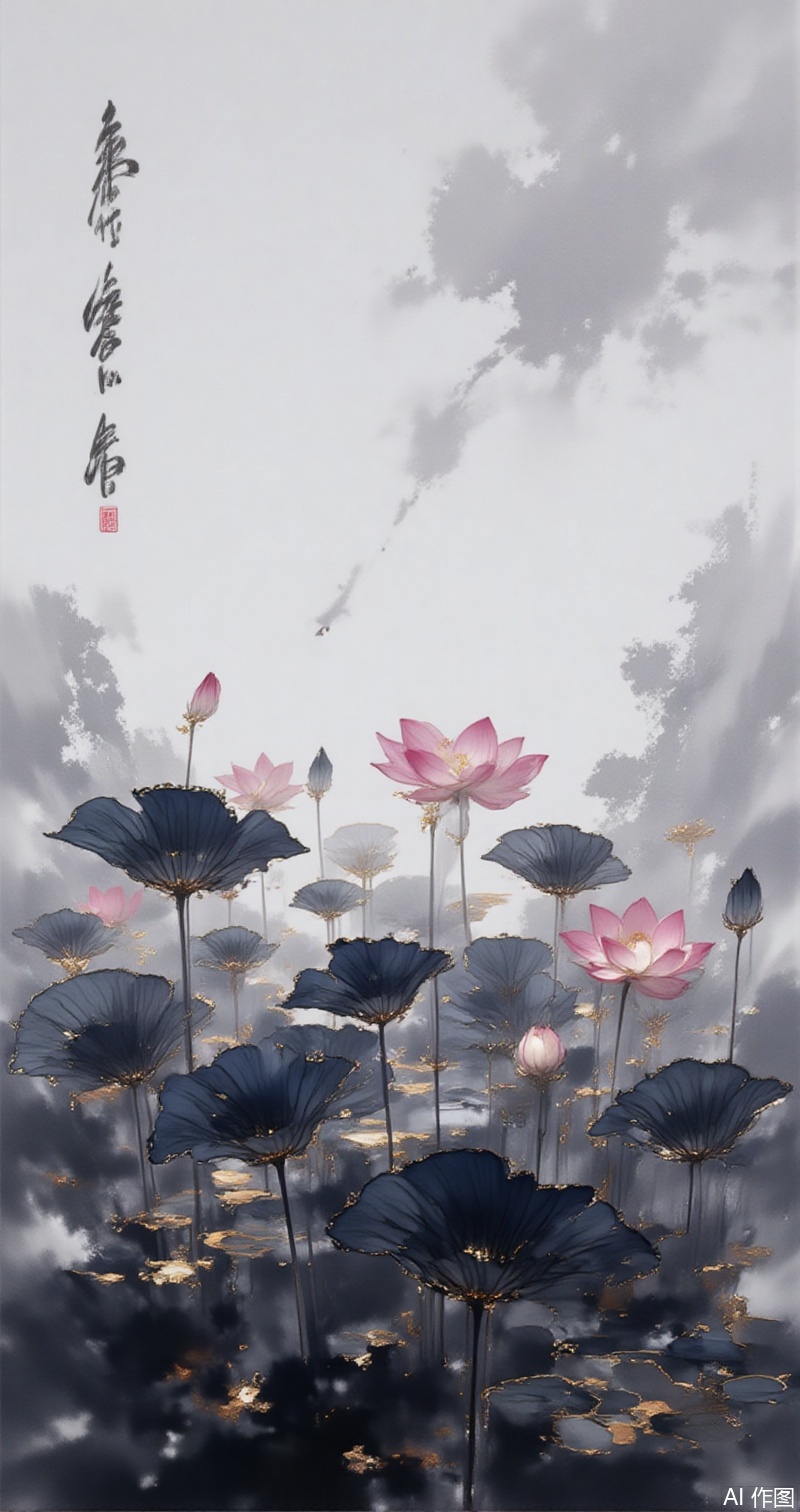 moran,lvjing,baoshi, monochrome, greyscale,sky,clouds,flowers,flower,,no humans,flower,lotus,blurry,pink flower,leaf,blurry background,lily pad,depth of field,pink flowers,blue flowers,red flowers,outdoors,realistic,bud,plant,4,cover,simple background,gradient background,close-up details,outstanding style,adding a touch of dimension to your images without compromising details,close-up,