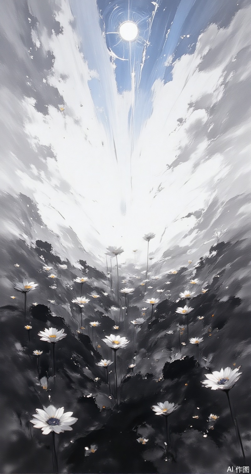 moran,lvjing,baoshi, monochrome, greyscale,sky,clouds,flowers,flower,no humans,sky,field,outdoors,scenery,day,cloud,flower field,blue sky,white flower,sun,grass,blurry,sunlight,daisy,cloudy sky,cover,simple background,gradient background,close-up details,outstanding style,adding a touch of dimension to your images without compromising details,close-up,