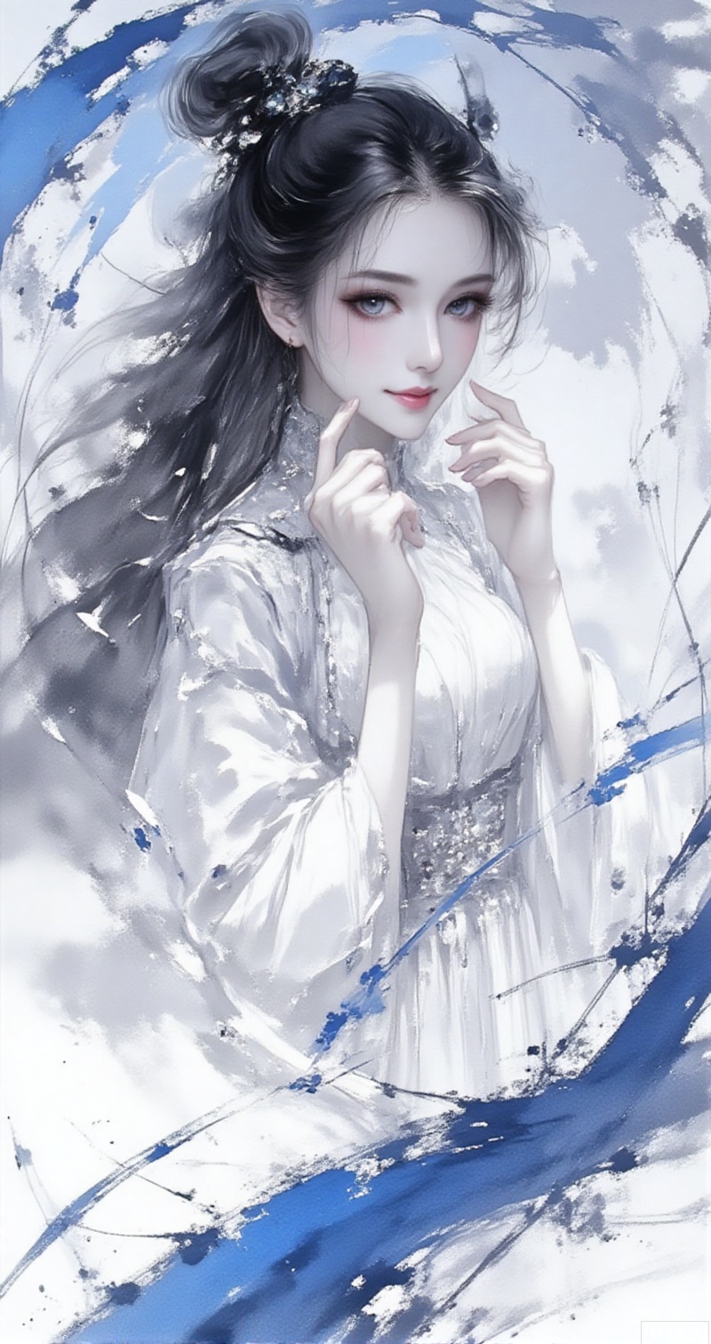 moran,lvjing,baoshi, monochrome, greyscale,1girl,solo,looking at viewer,smile,hair ornament,dress,jewelry,closed mouth,upper body,sky,cloud,white dress,blue sky,hands on the cheeks,,cover,simple background,gradient background,close-up details,outstanding style,adding a touch of dimension to your images without compromising details,close-up