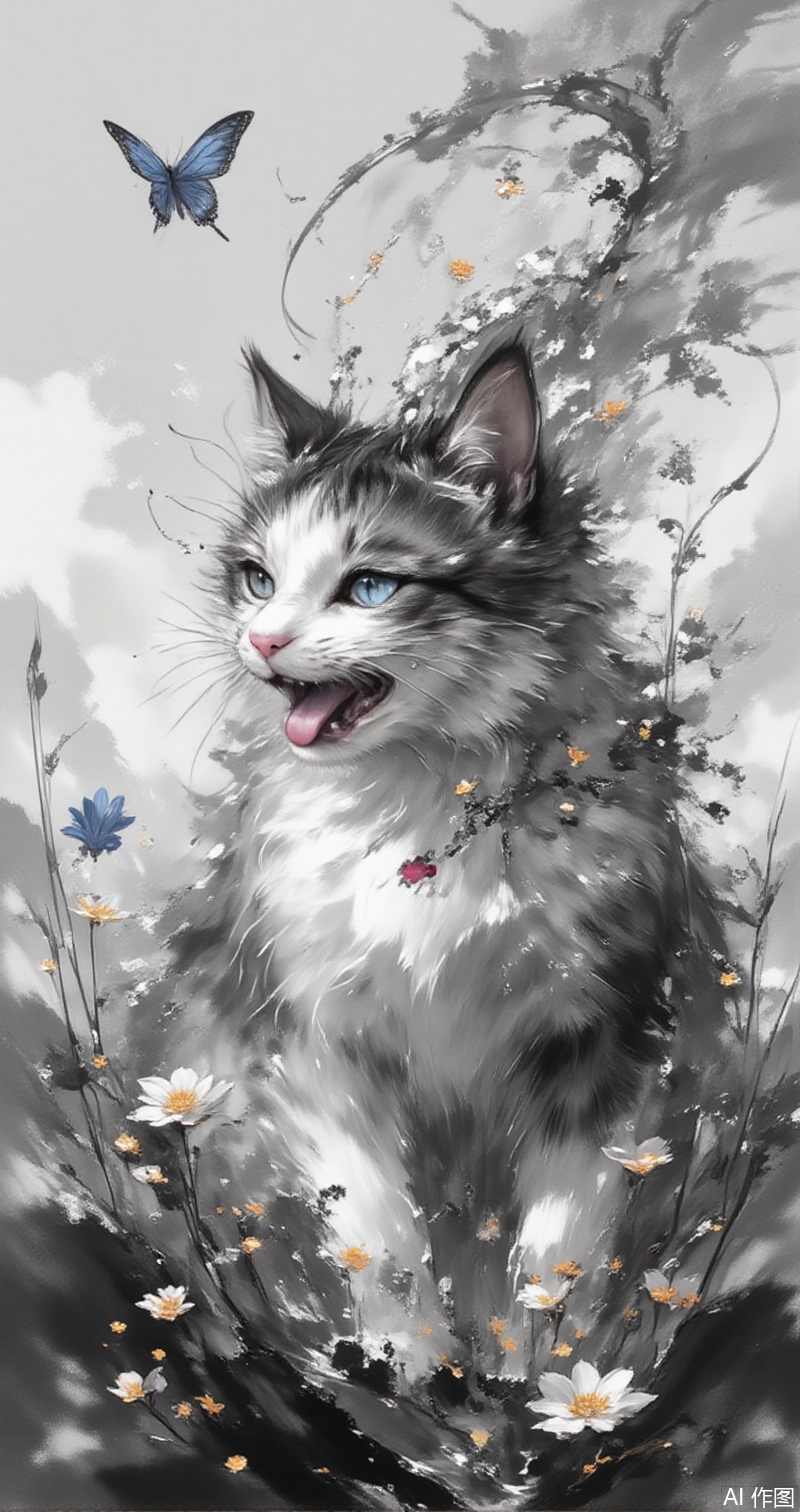 moran,lvjing,baoshi, monochrome, greyscale,sky,clouds,flowers,cat,no humans,flower,tongue,realistic,animal focus,animal,tongue out,looking at viewer,hair flower,open mouth,photorealistic,whiskers,plant,11,cover,simple background,gradient background,close-up details,outstanding style,adding a touch of dimension to your images without compromising details,close-up,flower,butterfly,grass,water,sunlight,sky,