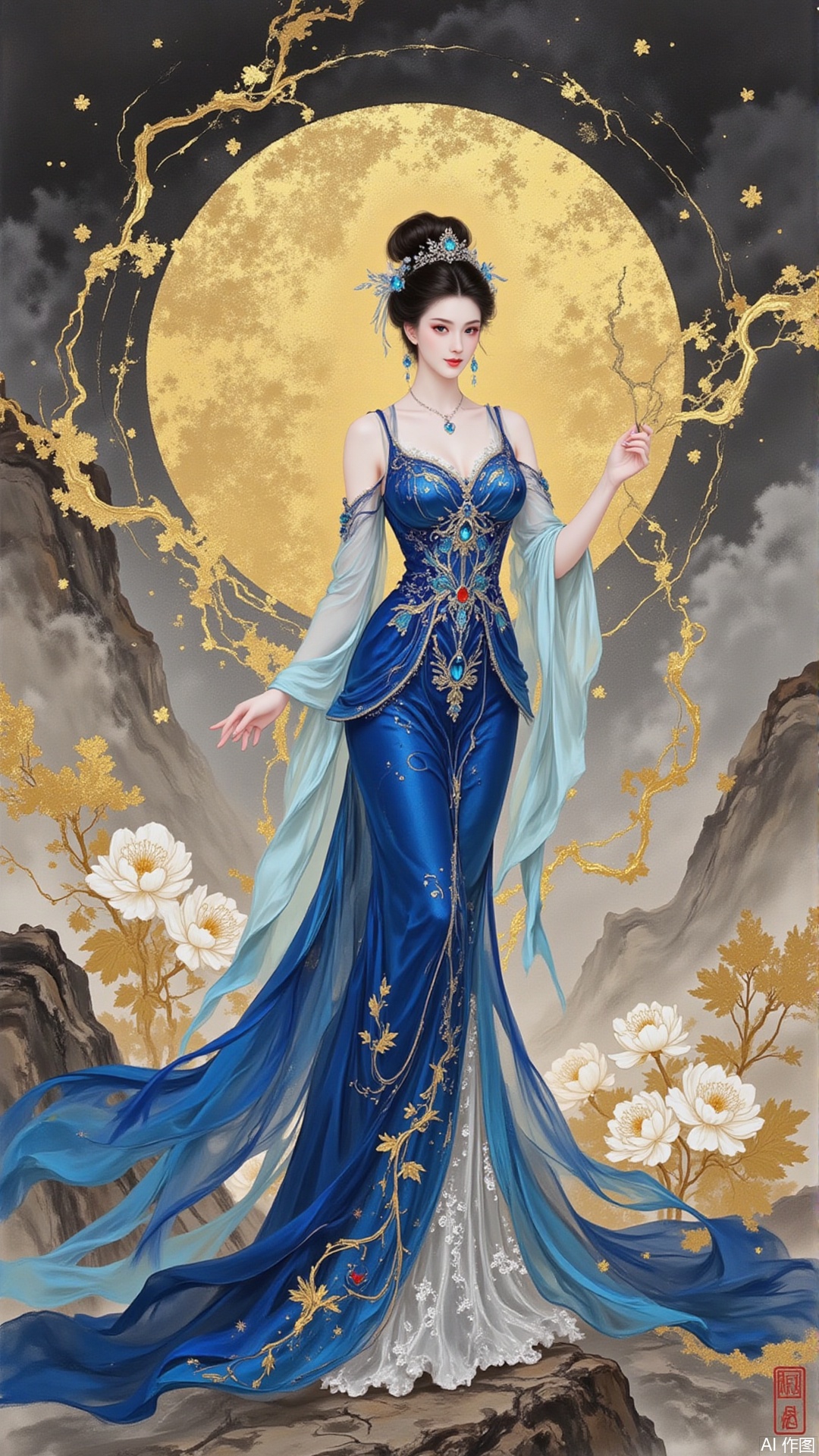 The ink color diffuses on the rice paper, creating a hazy night scene. A beautiful lady from the East stands amidst the blooming flowers. Her evening gown is not made of ordinary silk but rather an illusion of brocade created with ink techniques—the hem undulates like the ebbing tide, each fold dyed from light ink to deep indigo, then outlined in gold powder with exquisite detail to depict gemstones.
jinbo,moran,xiaomei