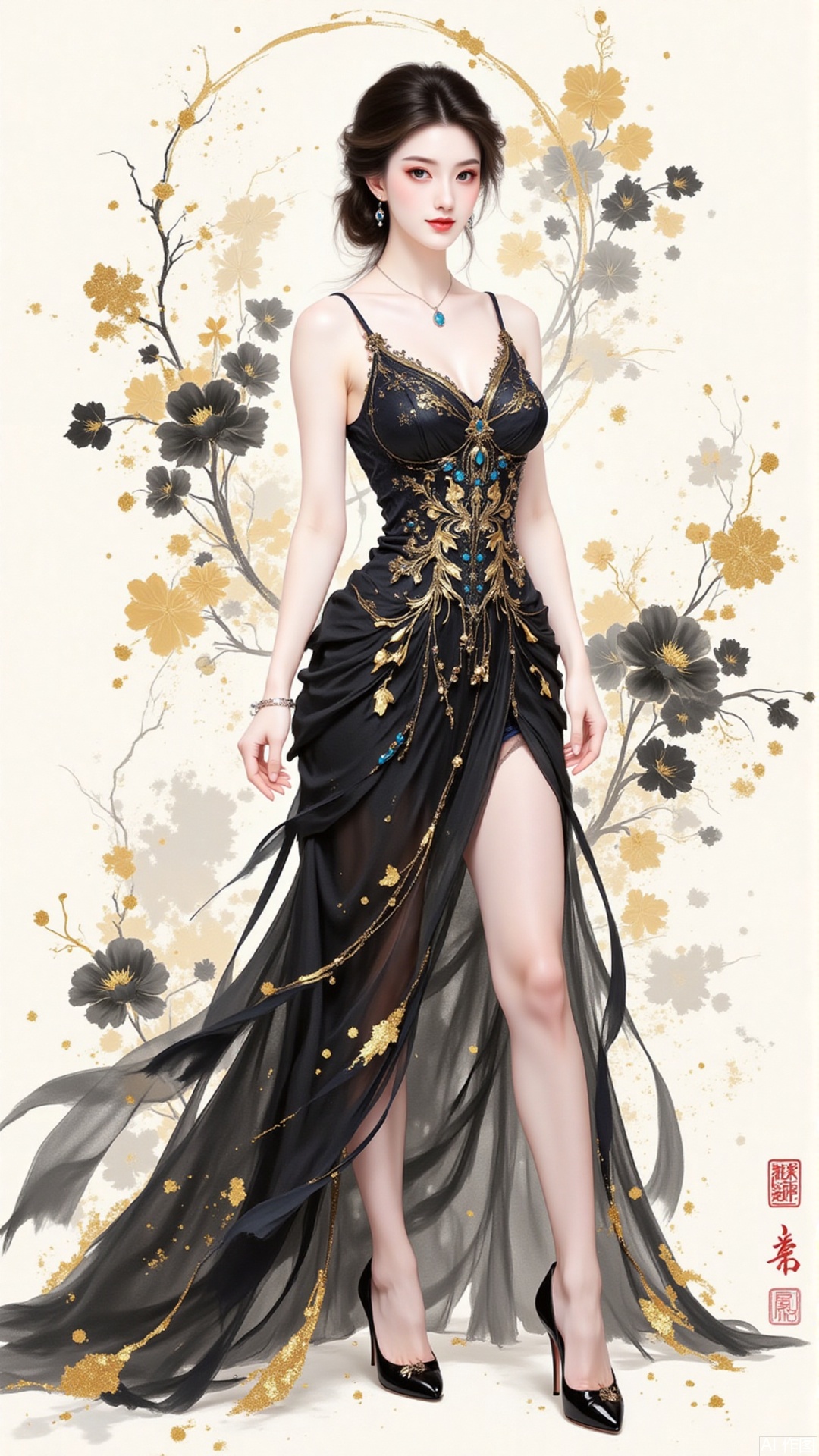 Ink Wash Painting, This illustration skillfully integrates Eastern aesthetics with fashion.The woman in an exquisitely tailored black gown made of layered  flowers stands elegantly. The high slit, black stockings and high - heels outline a sexy charm. The splashed - ink black flowers in the background are free and unrestrained. In the background, ink splashes, with black and gold ink flowing.The blend of traditional artistic conception and modern styling creates an elegant artistic atmosphere, conveying a unique Eastern charm.,shiny pantyhose,plns,xkj,dpx,jinbo,moran,xiaomei