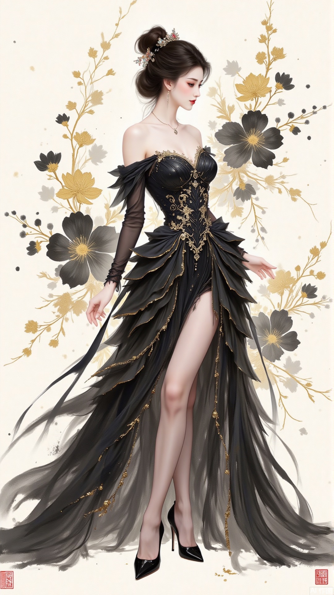 Ink Wash Painting, This illustration skillfully integrates Eastern aesthetics with fashion.The woman in an exquisitely tailored black gown made of layered  flowers stands elegantly. The high slit, black stockings and high - heels outline a sexy charm. The splashed - ink black flowers in the background are free and unrestrained. In the background, ink splashes, with black and gold ink flowing.The blend of traditional artistic conception and modern styling creates an elegant artistic atmosphere, conveying a unique Eastern charm.,shiny pantyhose,plns,xkj,dpx,jinbo,moran,xiaomei