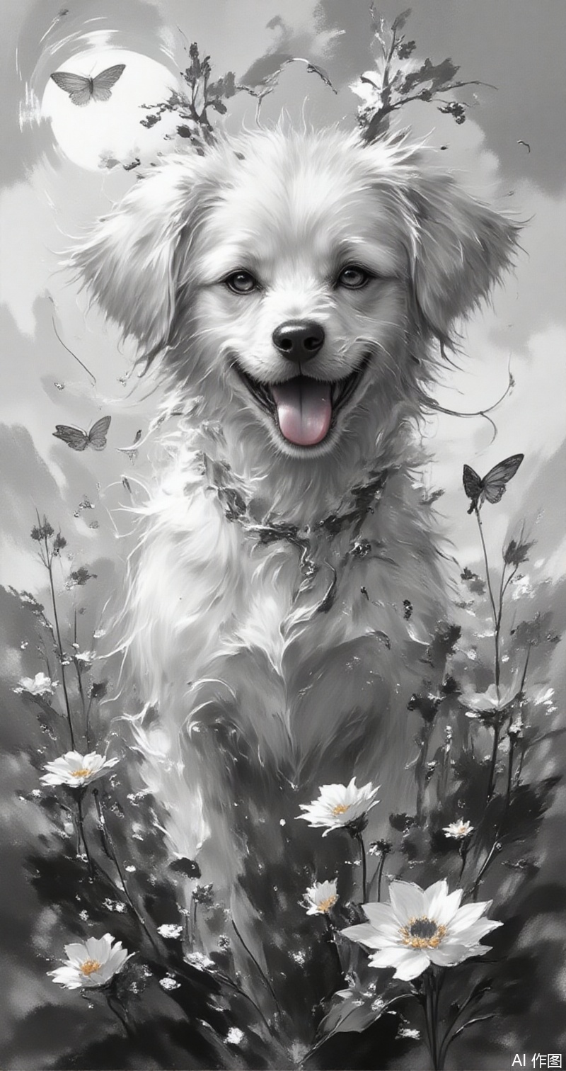moran,lvjing,baoshi, monochrome, greyscale,sky,clouds,flowers,dog,no humans,flower,tongue,realistic,animal focus,animal,tongue out,looking at viewer,hair flower,open mouth,photorealistic,whiskers,plant,11,cover,simple background,gradient background,close-up details,outstanding style,adding a touch of dimension to your images without compromising details,close-up,flower,butterfly,grass,water,sunlight,sky,