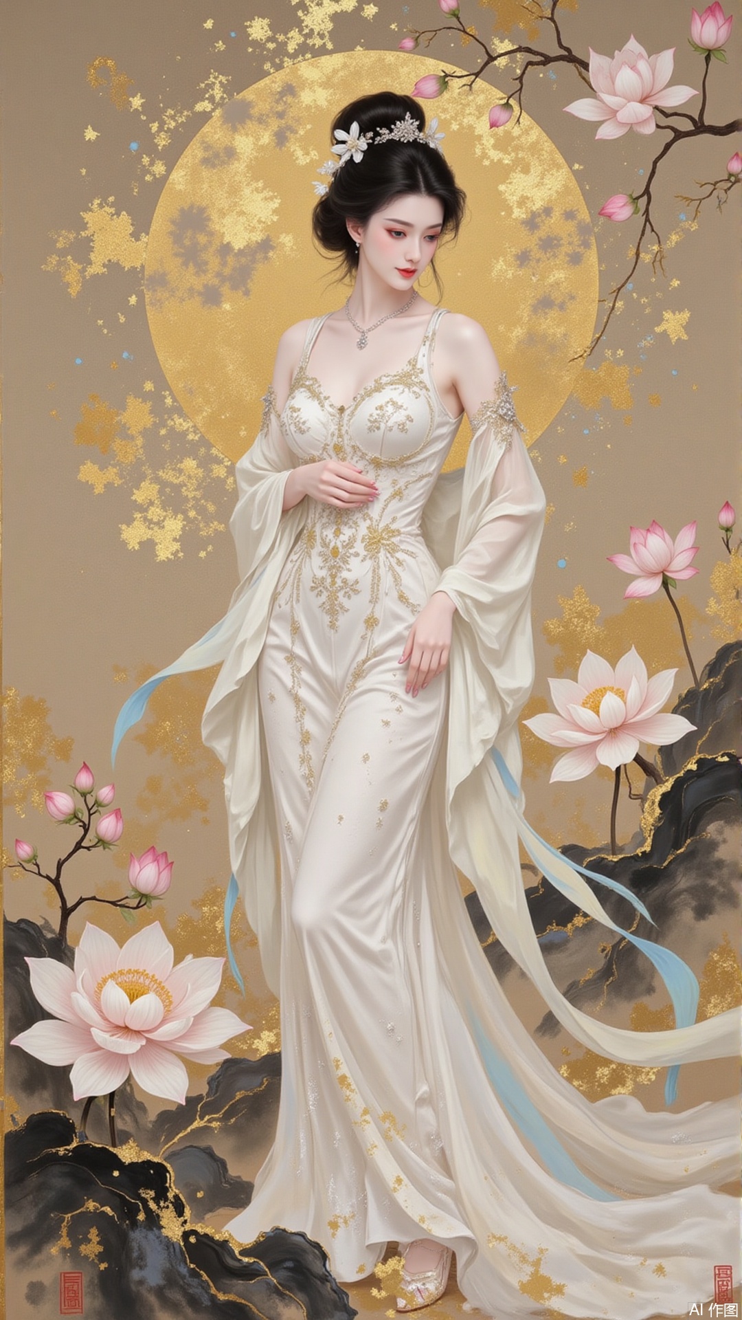 The ink color is hazy, with clouds drifting. The woman in the painting wears a evening gown that pours out like night, her sleeves hiding threads of flowing light, as if stars are falling from the sky. Her brows and eyes are painted like paintings, her lips like dots of rouge, her skin fairer than snow, blending seamlessly with the ink background, making her even more exquisitely beautiful and untainted by the world.

Surrounded by blooming flowers, some buds, others fully open, peonies are dignified, lotuses are elegant, and plum branches cast sparse shadows across, all depicted with varying degrees of ink density. The petals overlap like clouds, and the branches stretch out as if dancing. The shadows of the flowers reflect those of people, creating an interplay between reality and illusion, as if a subtle fragrance drifts around, shining brilliantly on the paper.

The entire painting combines the delicacy of meticulous brushwork with the freedom of freehand expression. Between the splashing ink, the charm of the Eastern beauty and the natural rhythm of the flowers merge into one, elegant and profound.,
jinbo,moran,xiaomei