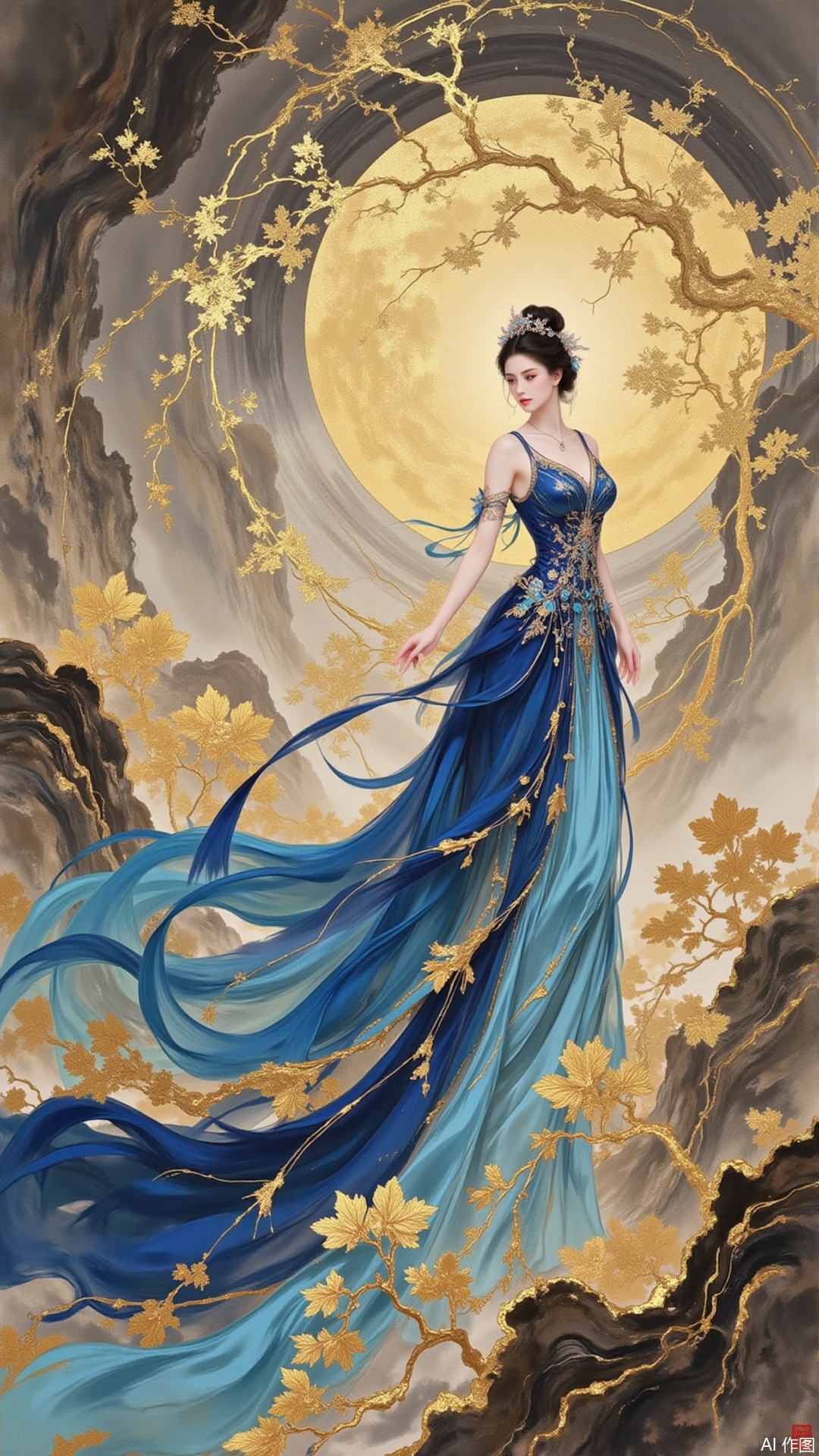 The ink color diffuses on the rice paper, creating a hazy night scene. A beautiful lady from the East stands amidst the blooming flowers. Her evening gown is not made of ordinary silk but rather an illusion of brocade created with ink techniques—the hem undulates like the ebbing tide, each fold dyed from light ink to deep indigo, then outlined in gold powder with exquisite detail to depict gemstones.
jinbo,moran,xiaomei