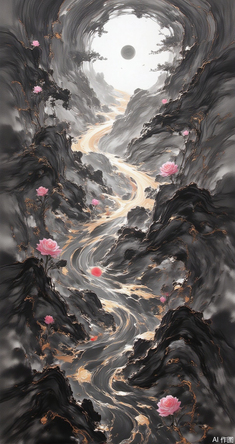 moran,lvjing,baoshi, monochrome, greyscale,sky,clouds,Bathed in sunlight,koi swim in the pond and roses bloom in the garden.,