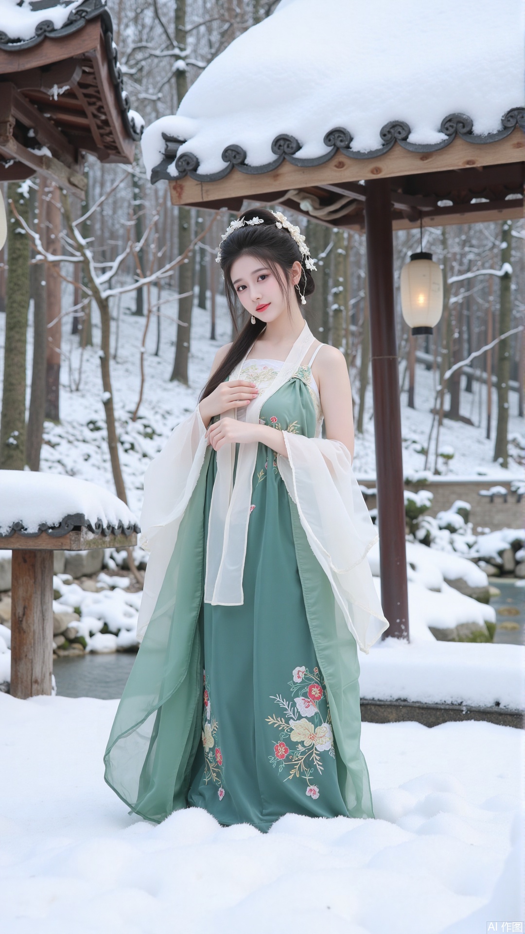 a person dressed in traditional East Asian attire, standing in a snowy landscape. The outfit consists of a long, flowing green skirt with intricate floral embroidery and a white blouse with a high collar. The person is positioned in front of a snowy forest, with snow-covered trees and a serene river in the background. There are also traditional lanterns and a wooden structure partially covered in snow. The overall scene has a peaceful, wintery atmosphere.