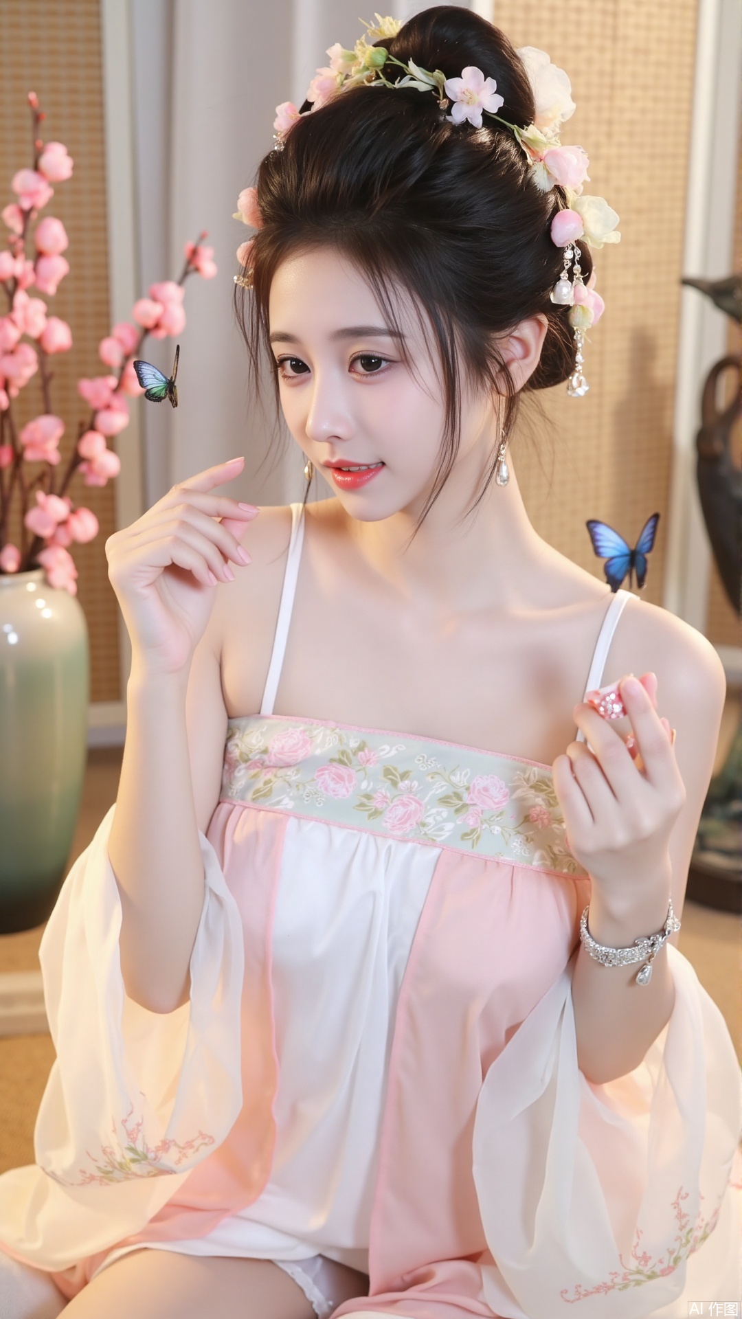 The image is a portrait of a young woman wearing a traditional Chinese Hanfu dress. She is sitting on a bed with a vase of pink peonies on the left side of the image. The woman is wearing a pink and white kimono with a floral pattern and has her hair styled in a half-up, half-down hairstyle with pink flowers in her hair. She has a butterfly perched on her left hand and is holding a small blue butterfly in her right hand. The background is blurred, but it appears to be a room with a chandelier and a statue of a bird. The lighting is soft and warm, creating a cozy atmosphere.