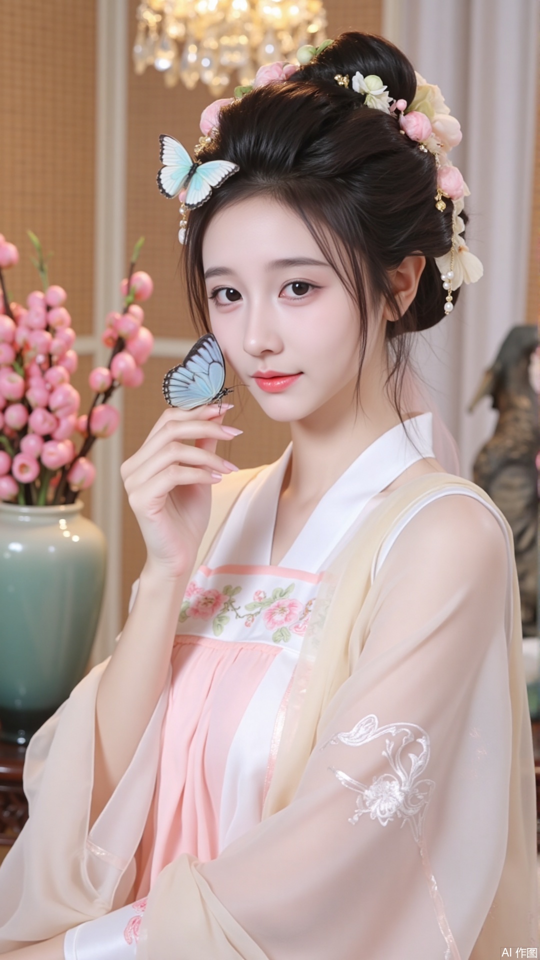 The image is a portrait of a young woman wearing a traditional Chinese Hanfu dress. She is sitting on a bed with a vase of pink peonies on the left side of the image. The woman is wearing a pink and white kimono with a floral pattern and has her hair styled in a half-up, half-down hairstyle with pink flowers in her hair. She has a butterfly perched on her left hand and is holding a small blue butterfly in her right hand. The background is blurred, but it appears to be a room with a chandelier and a statue of a bird. The lighting is soft and warm, creating a cozy atmosphere.