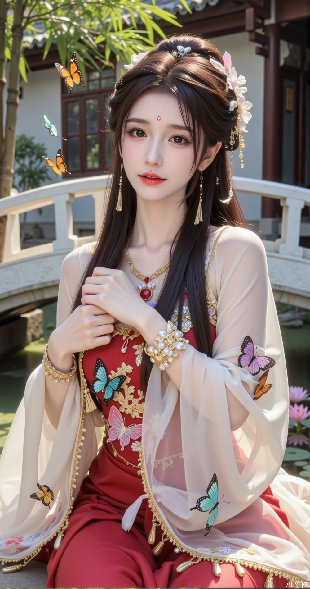 In a classical Chinese courtyard, a young woman sits gracefully on a delicately carved redwood chair, exuding a blend of traditional and modern beauty. Her skin is fair as jade, smooth and flawless, as if crafted by time itself. Her features are delicate and soft, with her bright eyes shining with wisdom, as if capable of seeing through the world. Her long lashes cast faint shadows under the sunlight, adding an air of mystery.

Her hair cascades down like a waterfall, smooth and glossy, with an intricate Hanfu hairstyle adorned with golden hairpins and colorful ribbons, which sway gently in the breeze, narrating her elegance and nobility. A jade hairpin with a red gem is nestled in her hair, shimmering brilliantly under the sunlight, adding a touch of opulence to her appearance.

Her Hanfu gown incorporates butterfly motifs, with the main color of crimson, symbolizing joy and auspiciousness. The dress is embroidered with exquisite golden cloud patterns and colorful butterfly designs, featuring shades of pink, orange, lavender, and emerald green, each butterfly lifelike, as if ready to take flight from the fabric. The cuffs and collar are embellished with gold-threaded borders, intricately embroidered with dragon and phoenix motifs, symbolizing good fortune and nobility. The hem of the dress is light and flowing, swaying slightly with her posture, exuding classical grace.

Her upper body is clad in a light gold-colored short jacket, embroidered with delicate silver patterns, intricate and elaborate, as if telling ancient tales. The jacket's cuffs and collar are adorned with pearl buttons, each pearl smooth and radiant, adding an air of elegance and sophistication.

Her wrists are adorned with a pair of golden bracelets, set with colorful gems, matching the hues of the butterfly wings on her dress, gently swaying with her movements, radiating a captivating glow. Her fingers are long and slender, adorned with a ruby ring, its design simple yet elegant, complementing her ensemble perfectly.

Around her, several real butterflies flutter in the air, their wings shimmering with colors that echo her attire. The butterflies circle her hair, land on her shoulders and dress, as if merging with her outfit, adding a touch of liveliness and dreaminess to the scene. The butterflies' wings sparkle with iridescent colors under the sunlight, as if they were the most beautiful spirits of nature, infusing the scene with vitality and energy.

Her dress features several three-dimensional embroidered butterflies, their wings slightly raised, as if ready to take flight from the fabric. As she moves, the hem of her dress sways gently, causing the butterfly wings to quiver, as if dancing gracefully on her skirt. The edge of her dress is adorned with golden tassels, which sway gently with her movements, adding a touch of dynamism and liveliness to her attire.

The background is a classical Chinese courtyard, featuring a white marble bridge over a flowing stream, with pink lotus flowers floating on the water, their beauty enhanced by the sunlight. The courtyard is also home to a few lush bamboo trees, their leaves swaying gently in the breeze, adding a refreshing touch to the scene. Sunlight filters through the bamboo leaves, casting dappled light on the ground, creating a dreamlike atmosphere.