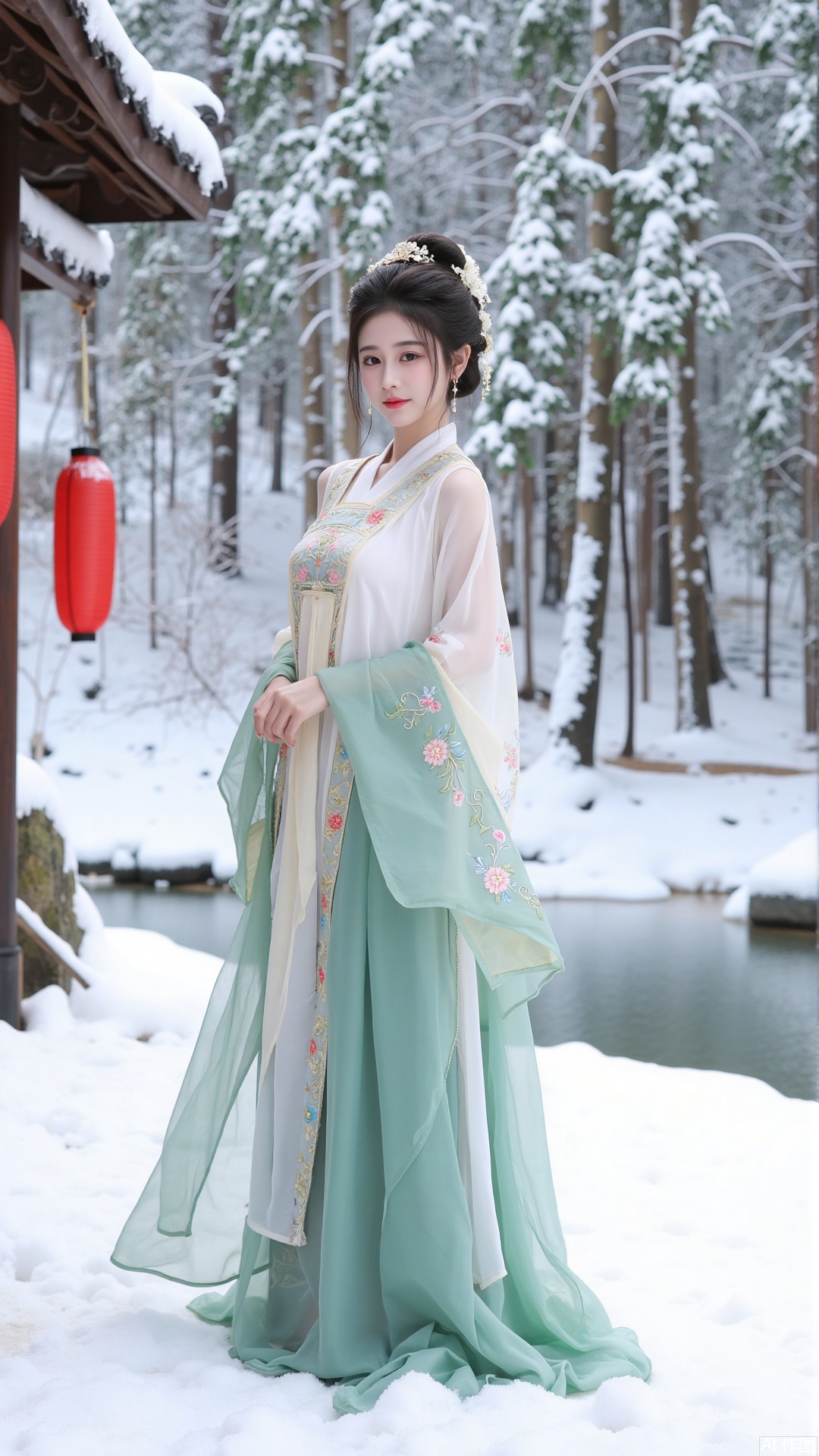a person dressed in traditional East Asian attire, standing in a snowy landscape. The outfit consists of a long, flowing green skirt with intricate floral embroidery and a white blouse with a high collar. The person is positioned in front of a snowy forest, with snow-covered trees and a serene river in the background. There are also traditional lanterns and a wooden structure partially covered in snow. The overall scene has a peaceful, wintery atmosphere.